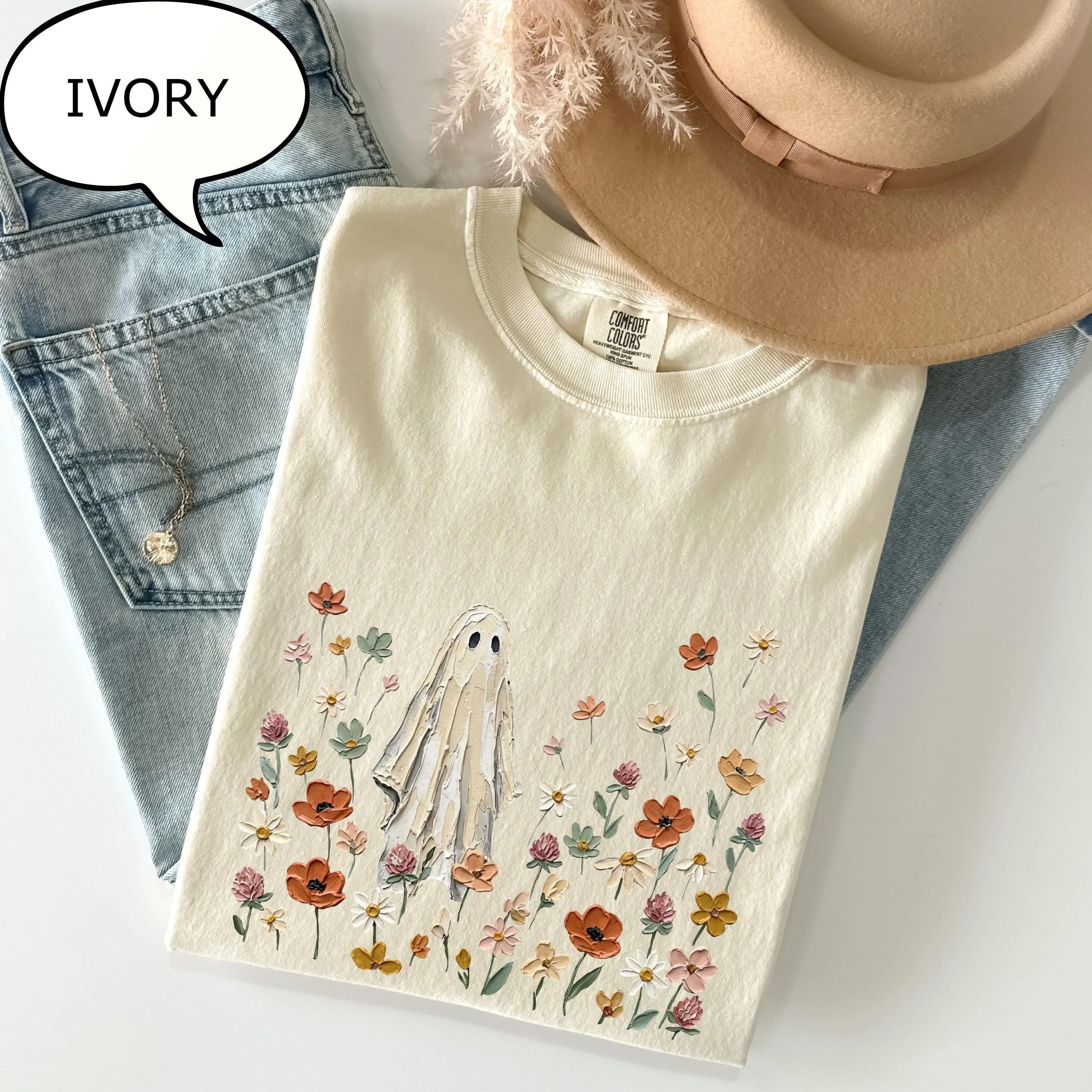 Comfort Colors Spooky Ghost T-Shirt, Floral Halloween Graphic Tee, Nature Lover Fall Gift - photo 4