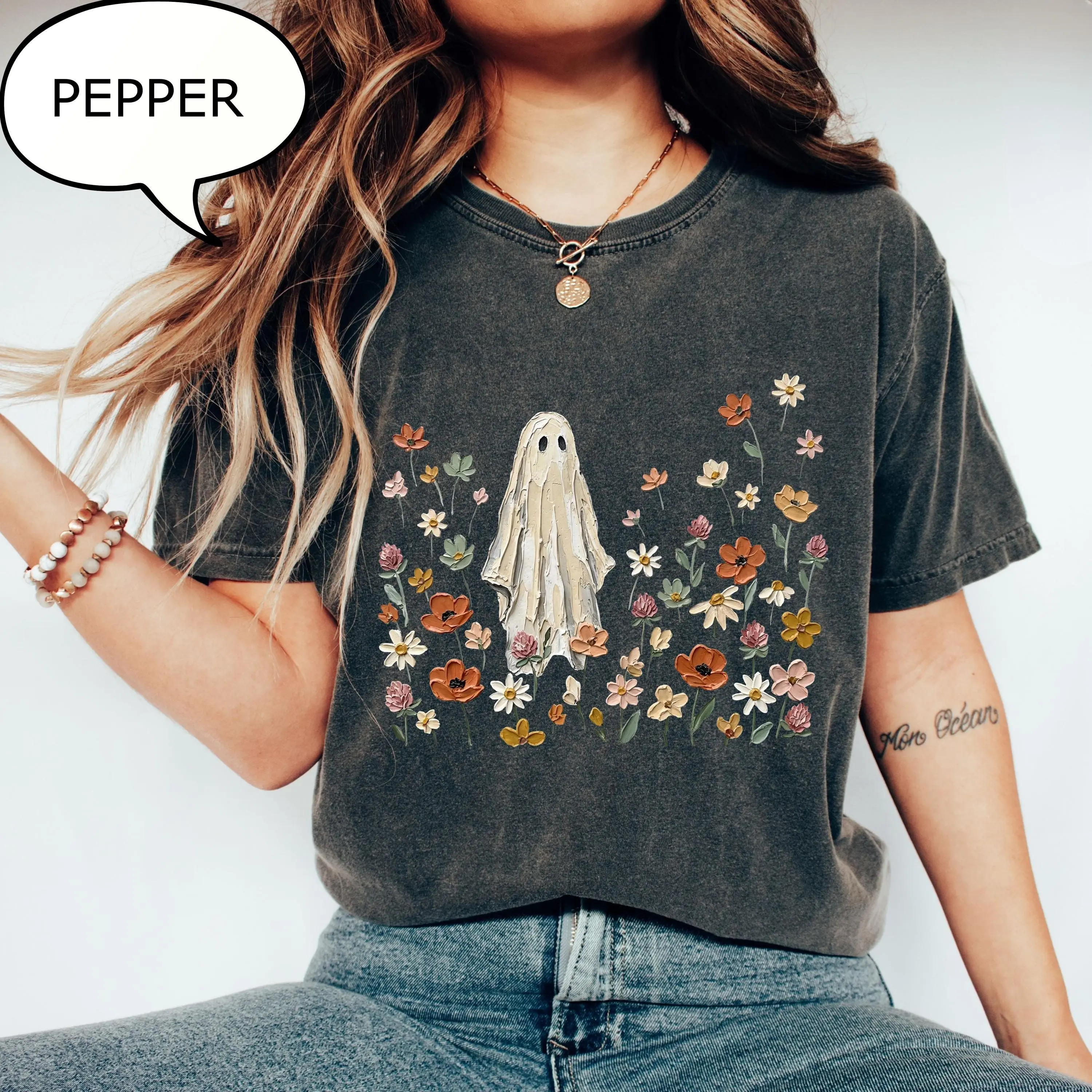 Comfort Colors Spooky Ghost T-Shirt, Floral Halloween Graphic Tee, Nature Lover Fall Gift - photo 5