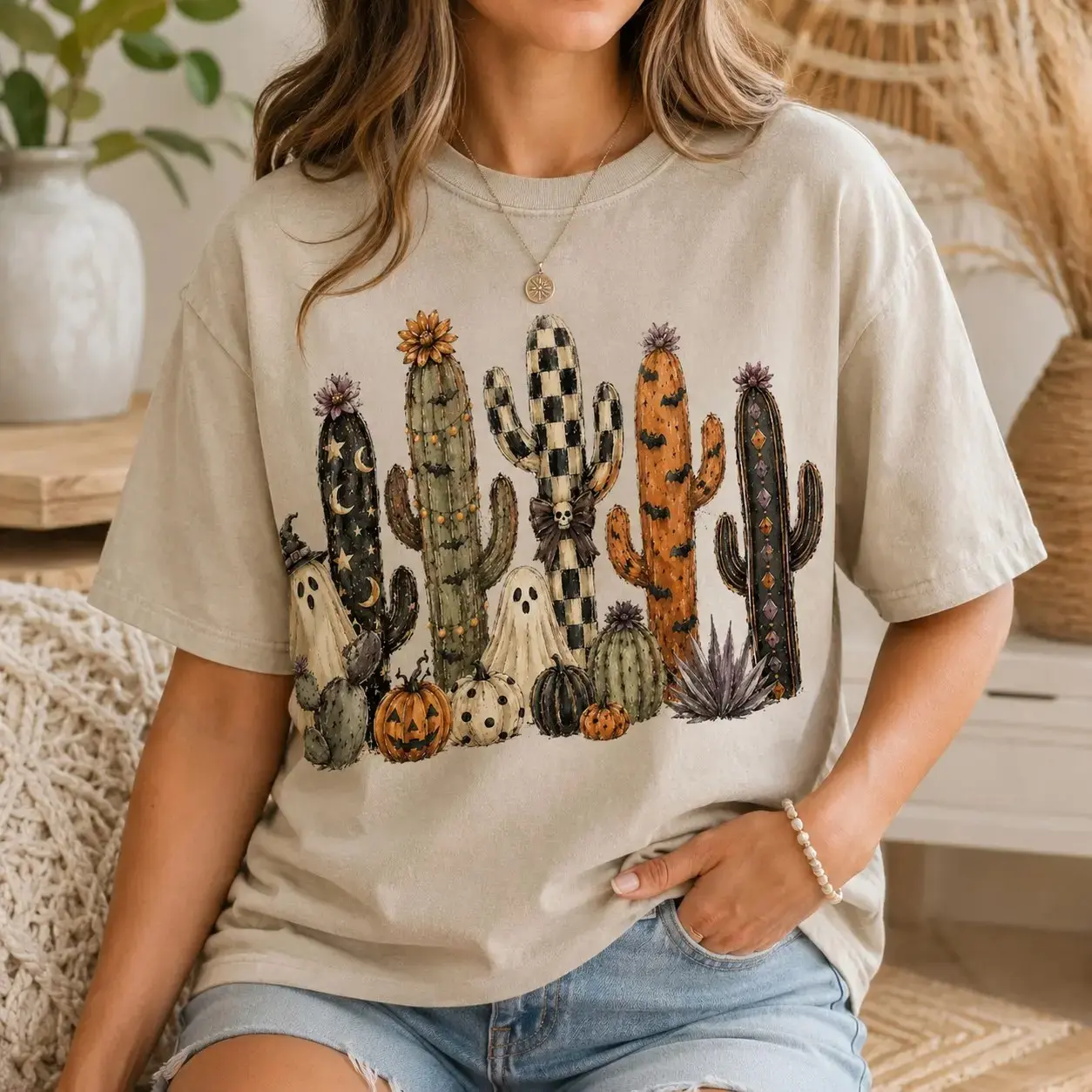 Comfort Colors Spooky Cacti Ghost Pumpkin Shirt, Vintage Western Autumn Halloween Tee, Cute Rustic Fall Festival Gift