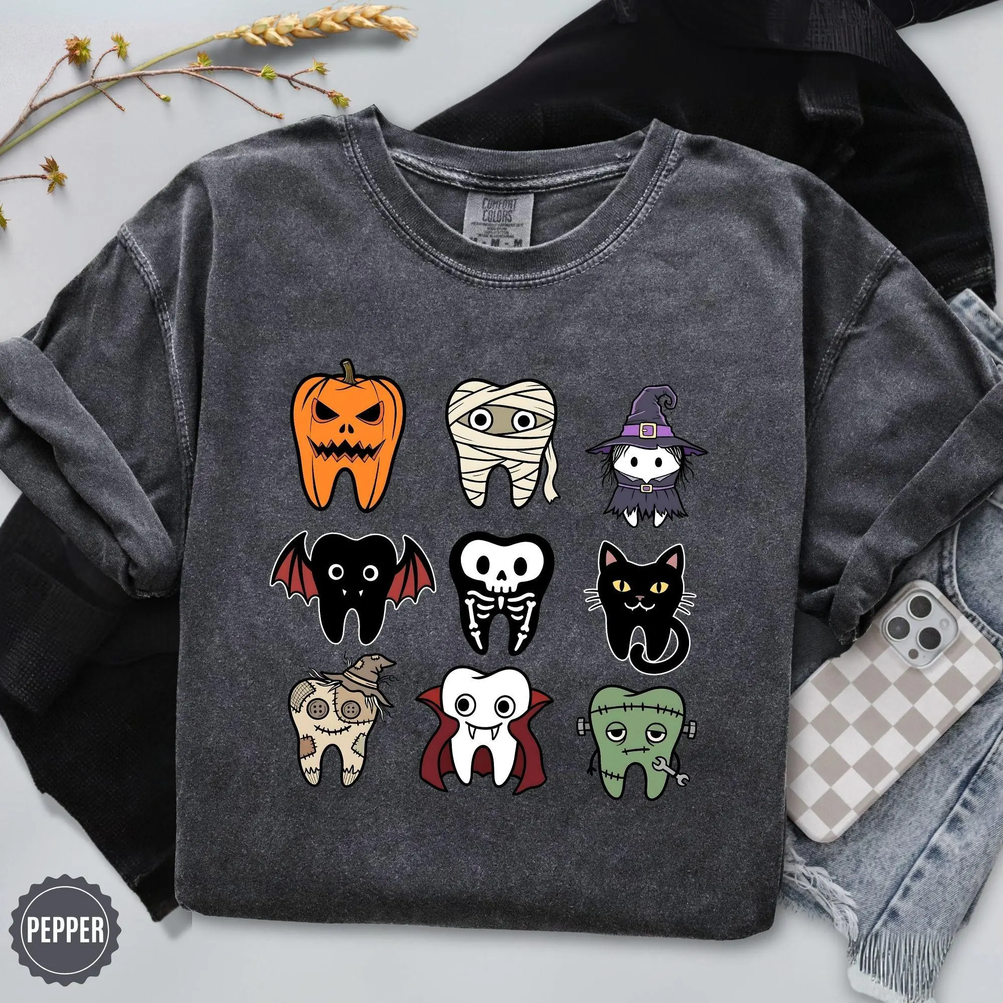 Comfort Colors Spooky Halloween Dentist Shirt, Dental Hygiene Graphic Tee - photo 5