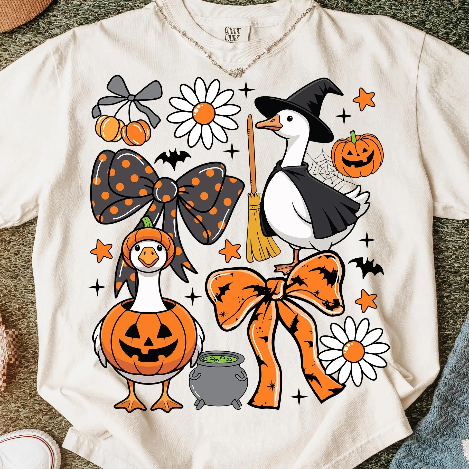 Comfort Colors Spooky Halloween Goose Shirt, Coquette Girly Fall Tee, Witchy Vibes Ghost Graphic Top