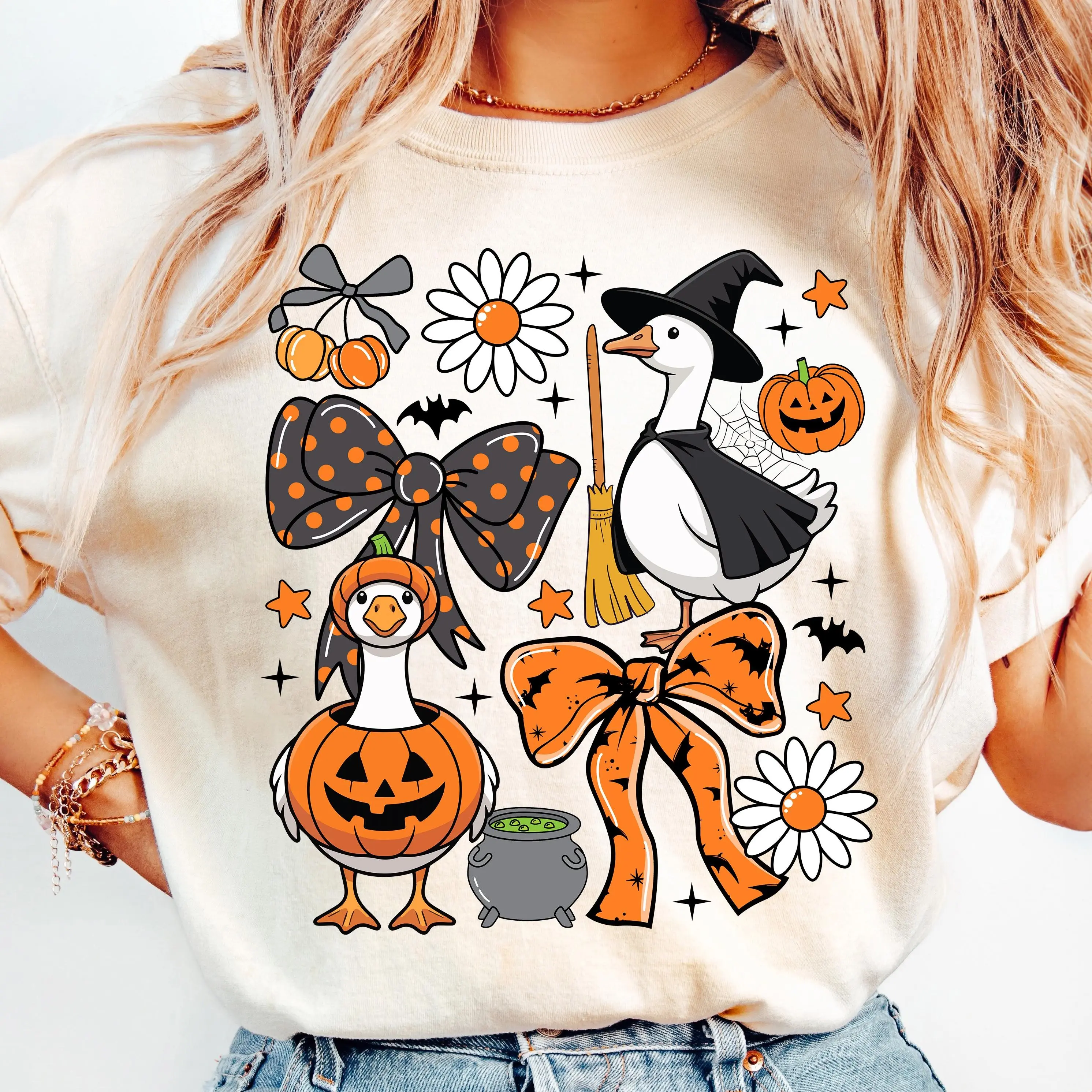 Comfort Colors Spooky Halloween Goose Shirt, Coquette Girly Fall Tee, Witchy Vibes Ghost Graphic Top - photo 2