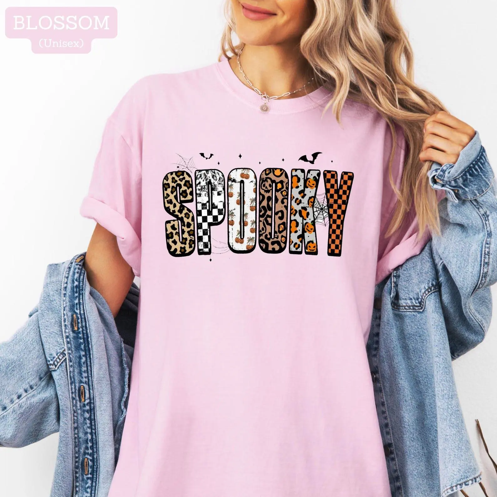 Comfort Colors Spooky Halloween Shirt, Retro Fall Leopard Checkered Graphic Tee, Season Gift - photo 5