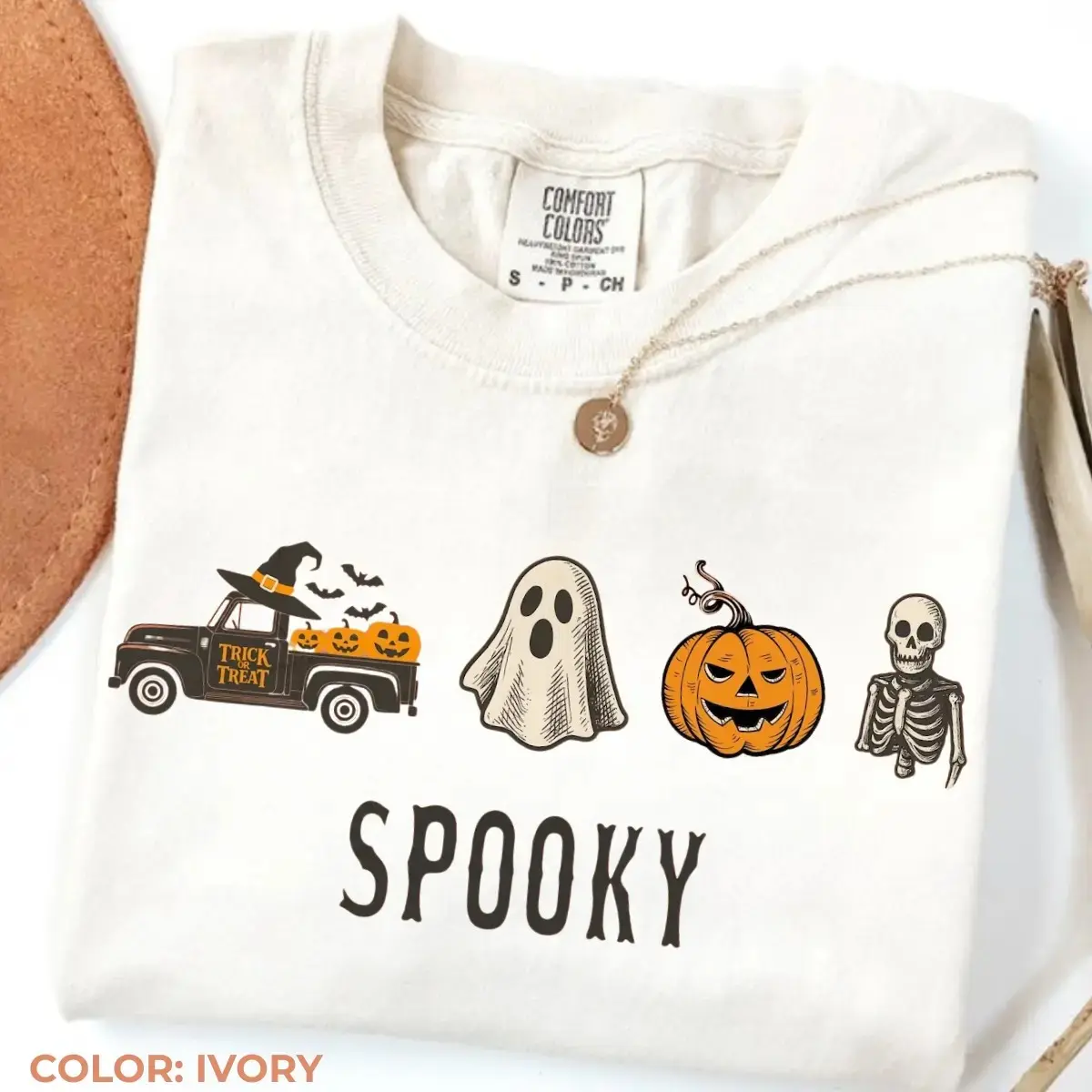 Comfort Colors Spooky Halloween Truck Shirt, Cute Ghost Pumpkin Skeleton Girly Fall Graphic Tee for Women