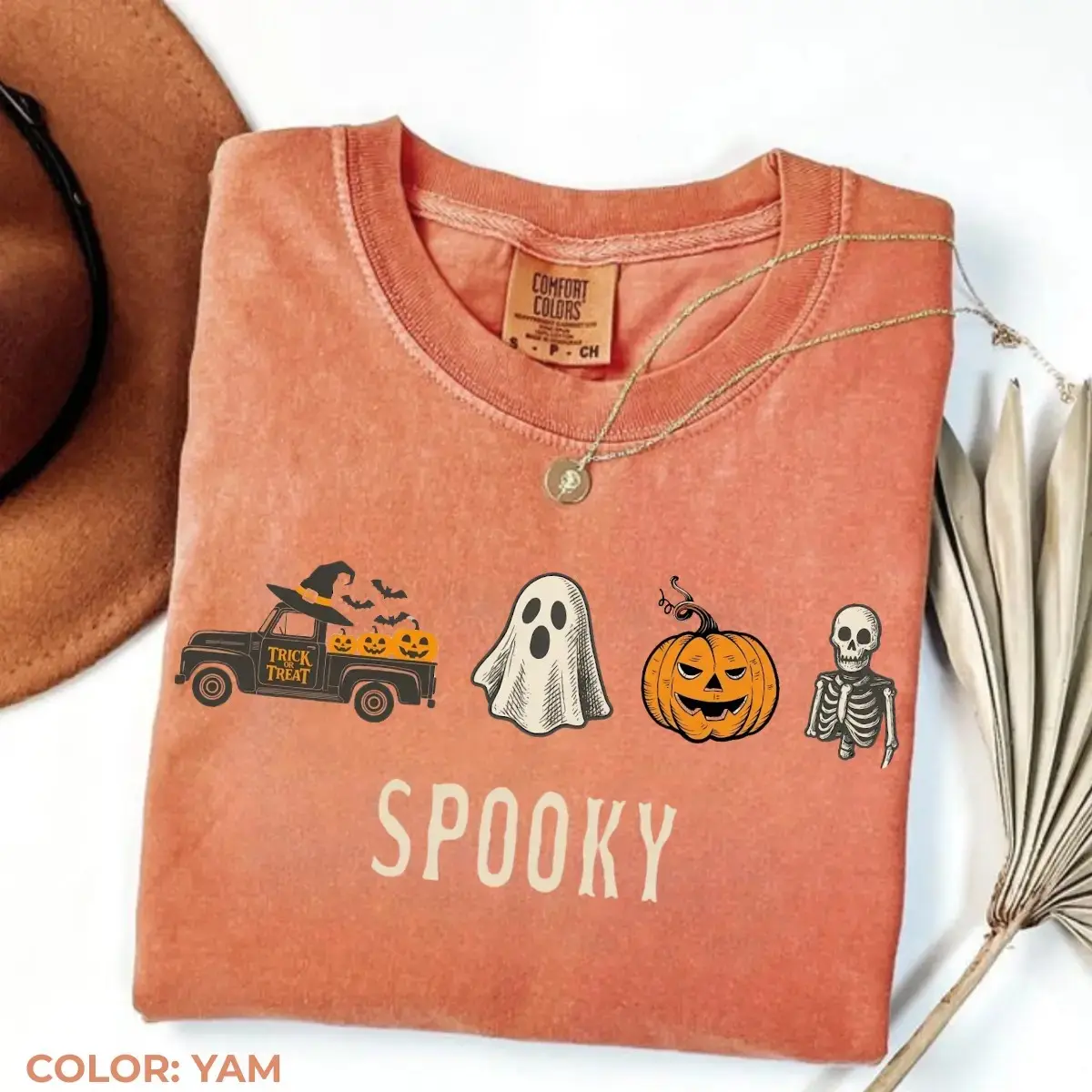Comfort Colors Spooky Halloween Truck Shirt, Cute Ghost Pumpkin Skeleton Girly Fall Graphic Tee for Women - photo 2