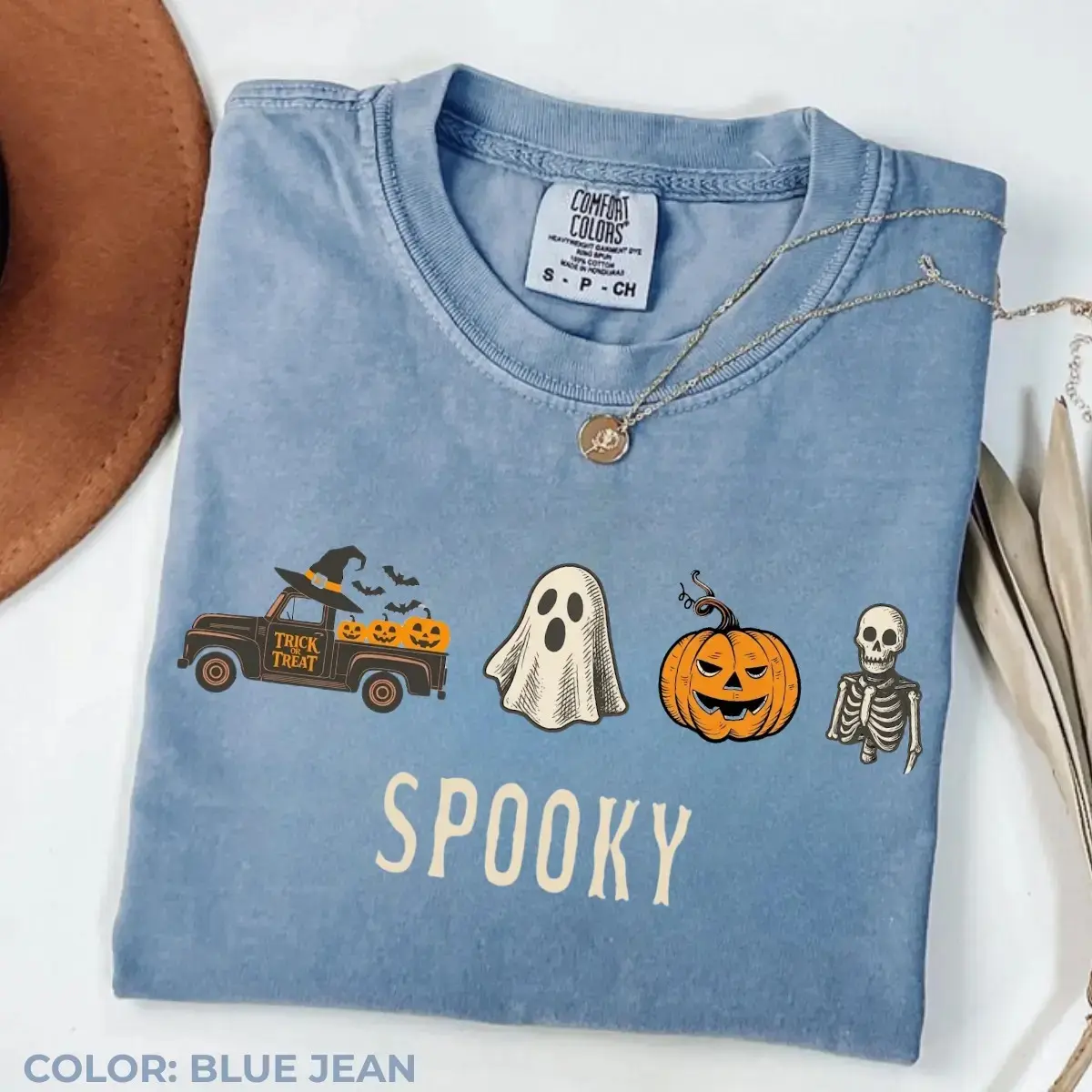 Comfort Colors Spooky Halloween Truck Shirt, Cute Ghost Pumpkin Skeleton Girly Fall Graphic Tee for Women - photo 3