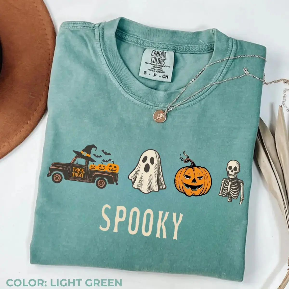 Comfort Colors Spooky Halloween Truck Shirt, Cute Ghost Pumpkin Skeleton Girly Fall Graphic Tee for Women - photo 4