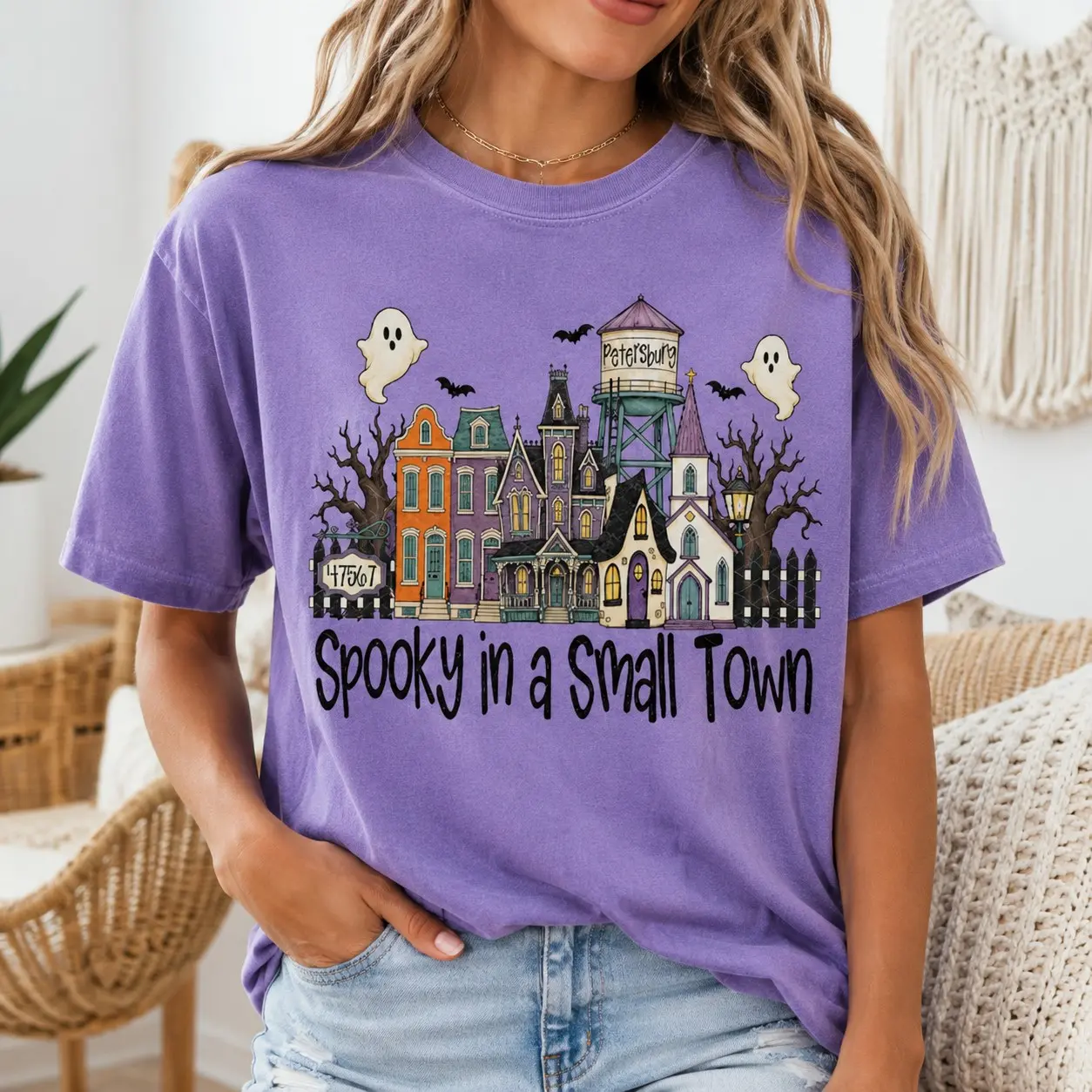 Comfort Colors Spooky in a Small Town Ghost Houses Shirt, Womens Halloween Party Graphic Tee, Cute Village October Birthday Gift