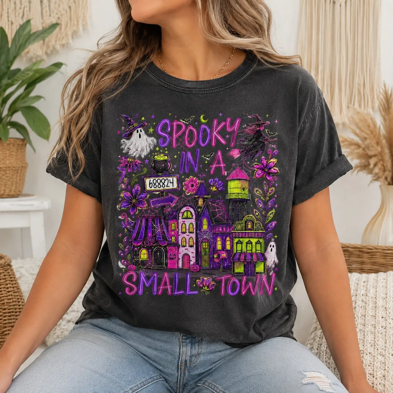 Comfort Colors Spooky in a Small Town Custom Zipcode Ghost Shirt, Vintage Retro Haunted Village Halloween October Tee