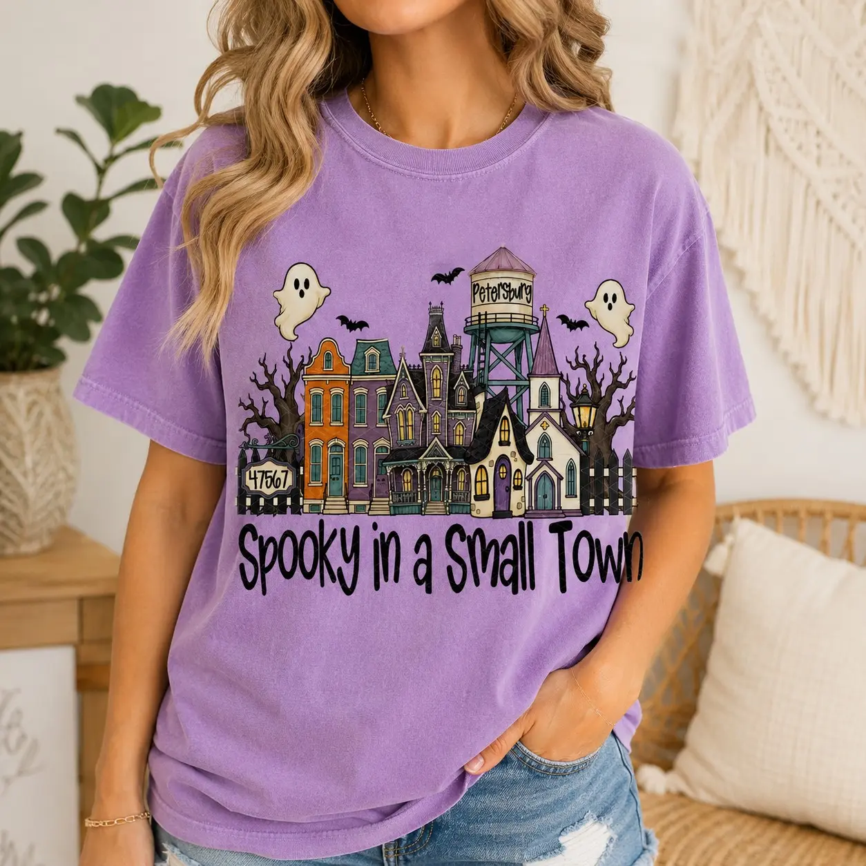 Comfort Colors Spooky in a Small Town Petersburg Zipcode Shirt, Ghost Houses Graphic Tee for Women, Fall Festival Top - photo 1
