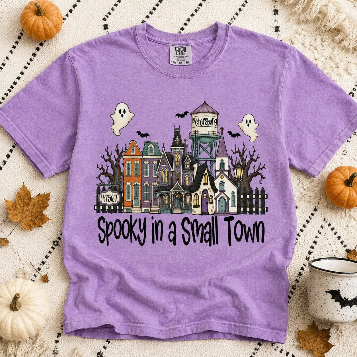 Comfort Colors Spooky in a Small Town Petersburg Zipcode Shirt, Ghost Houses Graphic Tee for Women, Fall Festival Top - photo 2
