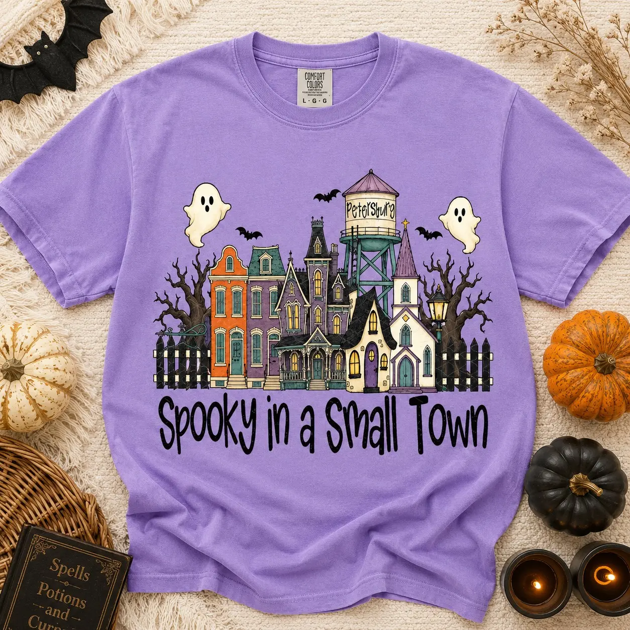 Comfort Colors Spooky in a Small Town Ghost Houses Shirt, Womens Halloween Party Graphic Tee, Cute Village October Birthday Gift - photo 2