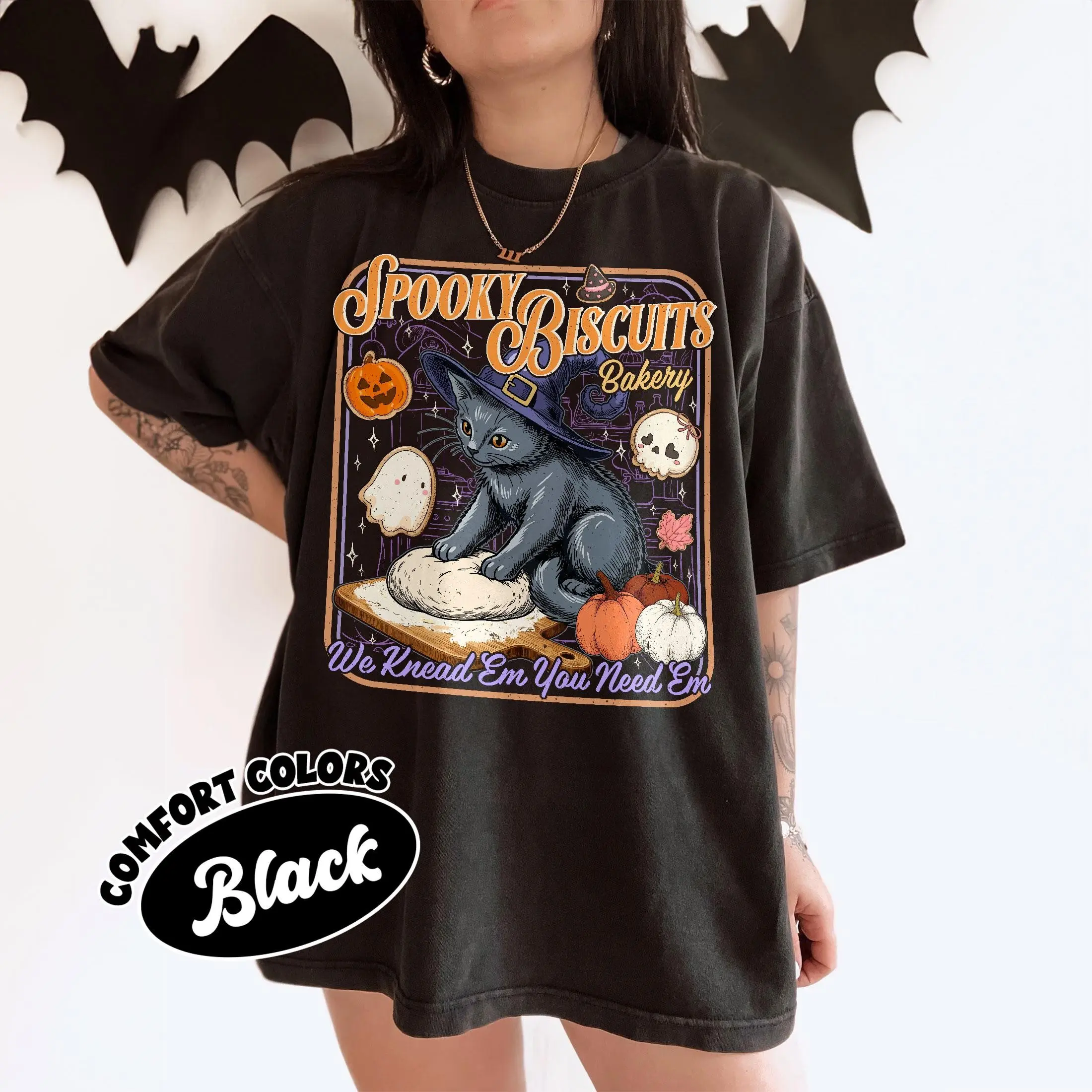 Comfort Colors Spooky Kitty Biscuits Bakery Shirt, Funny Black Cat Halloween Graphic Tee for Baking Lovers - photo 3