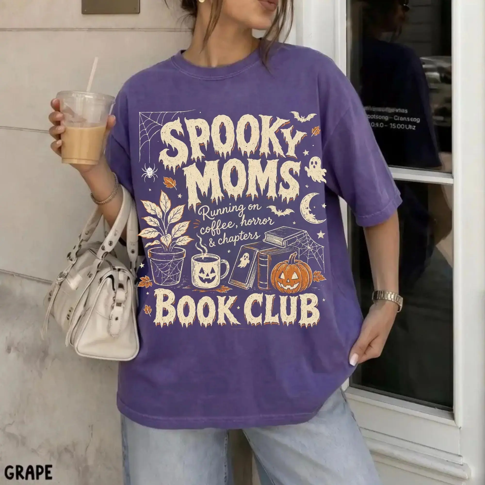 Comfort Colors Spooky Moms Book Club Halloween Shirt, Bookish Reader Coffee Lover Doodle Tee