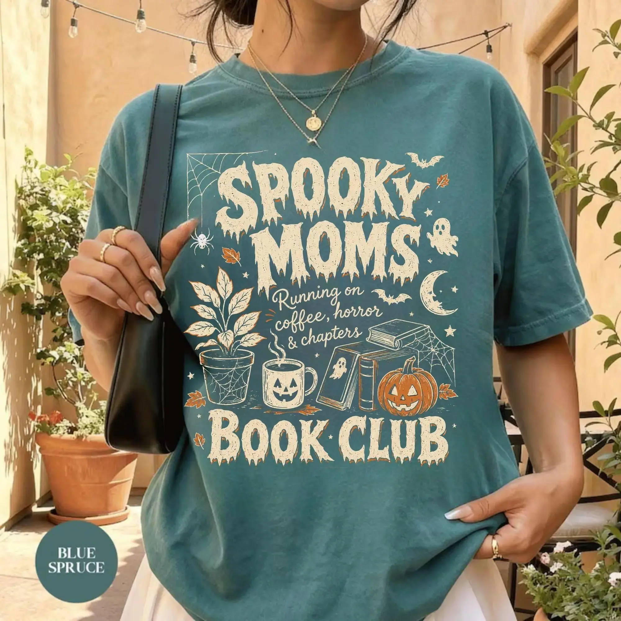 Comfort Colors Spooky Moms Book Club Halloween Shirt, Bookish Reader Coffee Lover Doodle Tee - photo 2