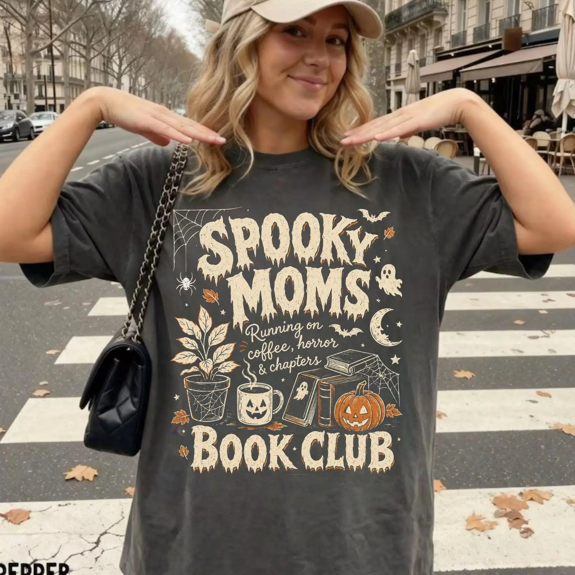 Comfort Colors Spooky Moms Book Club Halloween Shirt, Bookish Reader Coffee Lover Doodle Tee - photo 3
