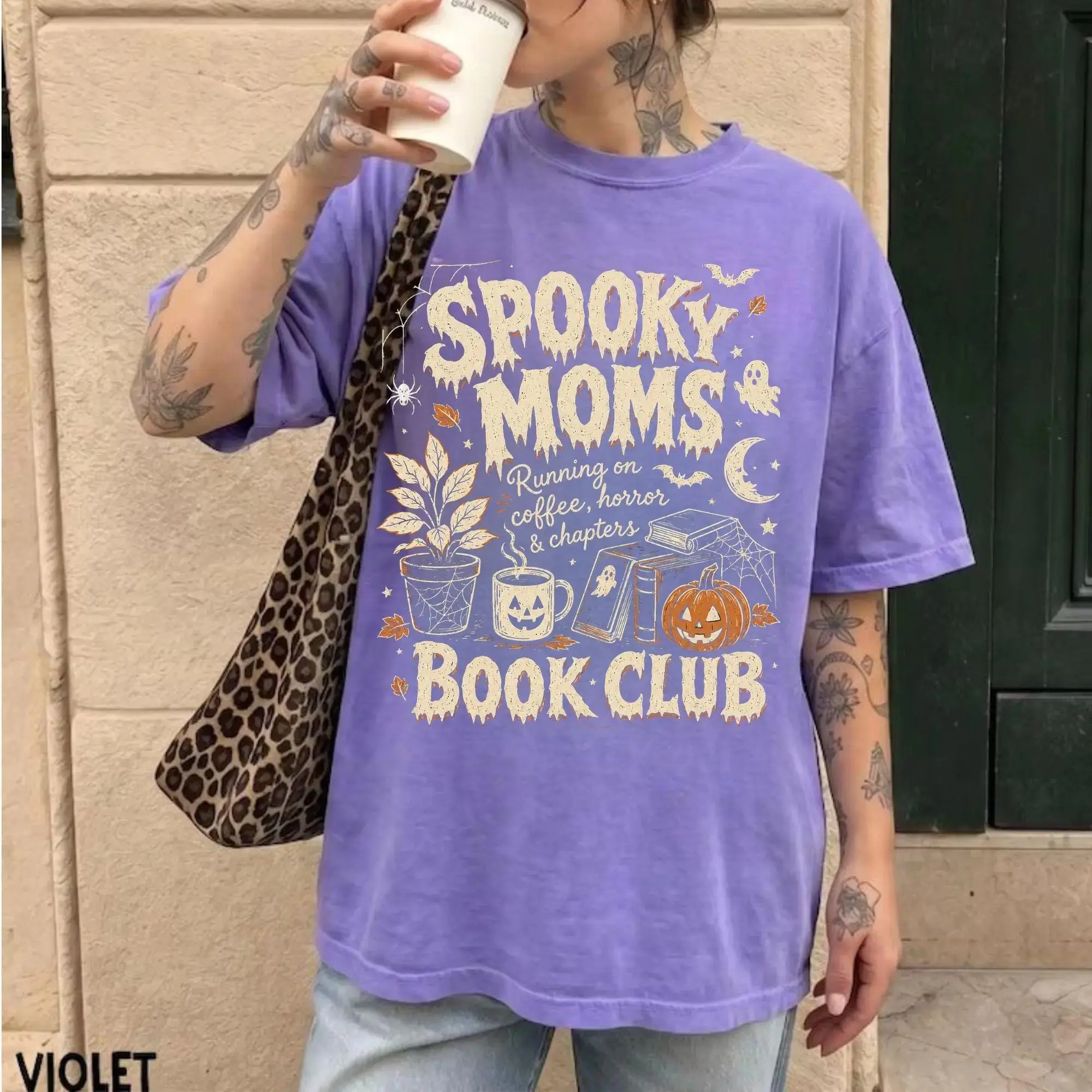 Comfort Colors Spooky Moms Book Club Halloween Shirt, Bookish Reader Coffee Lover Doodle Tee - photo 4