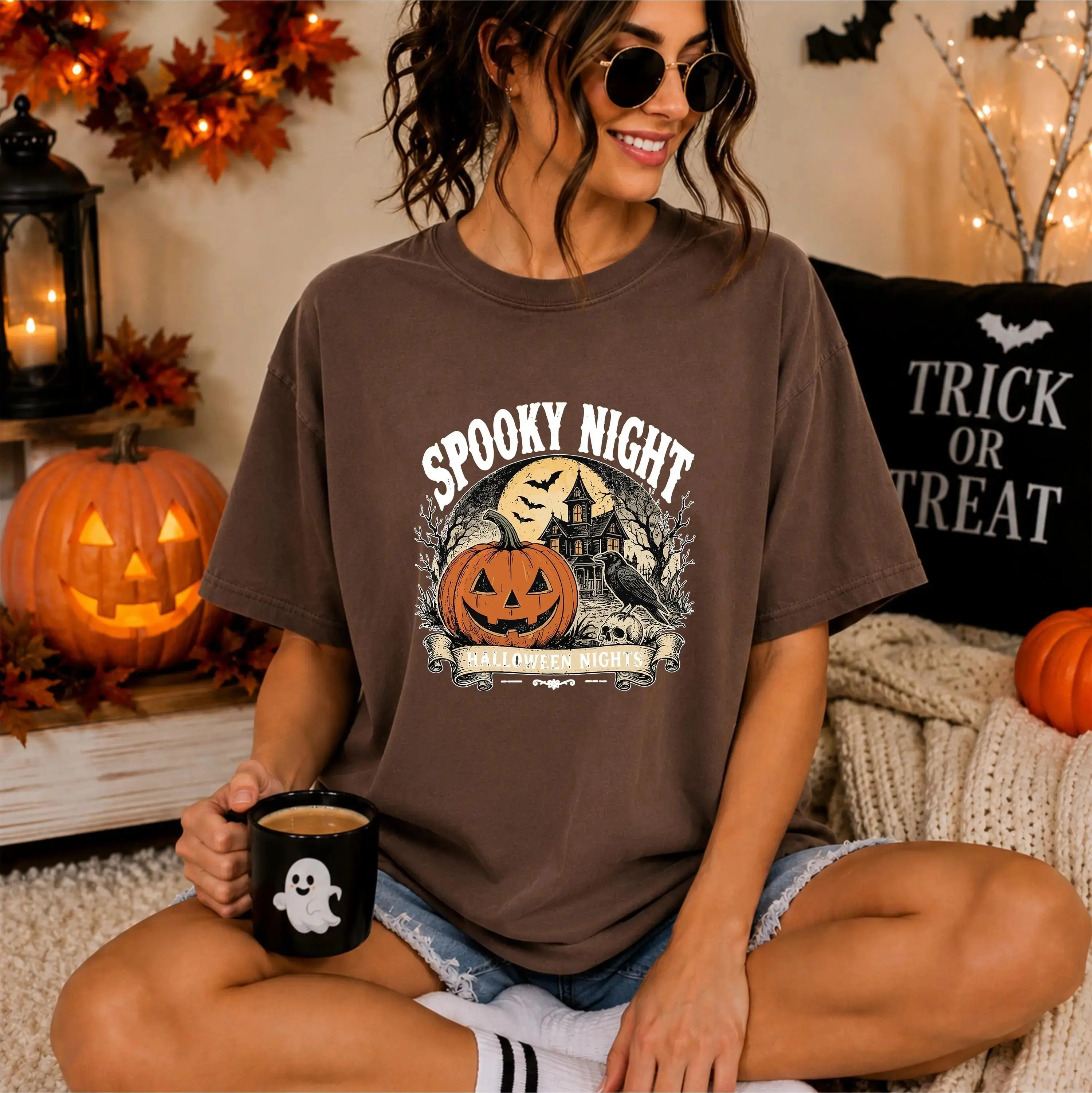 Comfort Colors Spooky Night Halloween Shirt, Vintage Haunted House Pumpkin Raven Retro Witchy Fall Tee