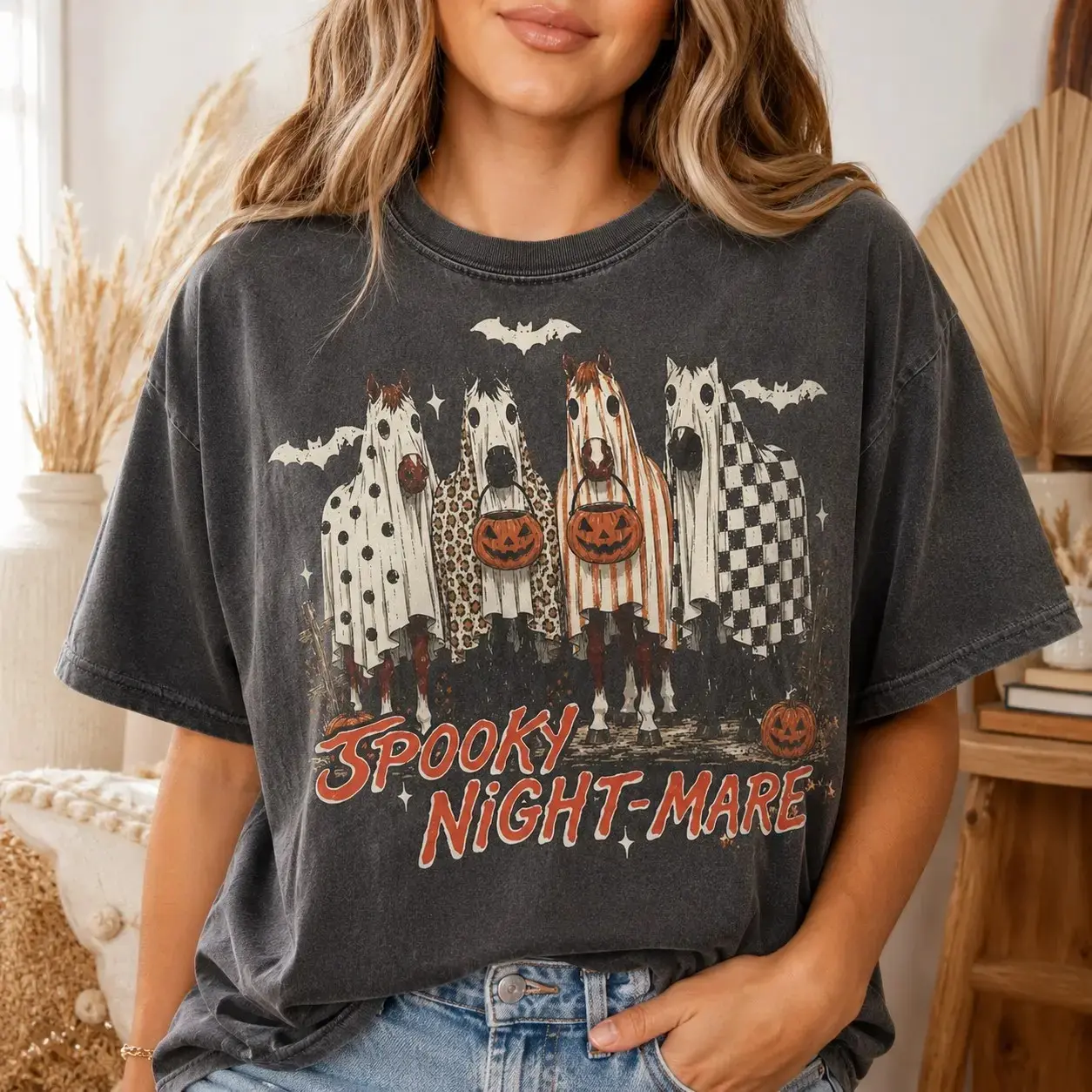 Comfort Colors Spooky Nightmare Ghost Horses Shirt, Trick or Treat Women Halloween Party Cute Equestrian October Tee
