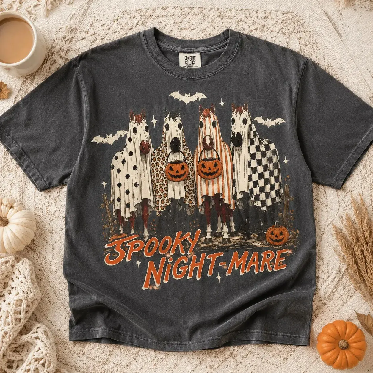 Comfort Colors Spooky Nightmare Ghost Horses Shirt, Trick or Treat Women Halloween Party Cute Equestrian October Tee - photo 2