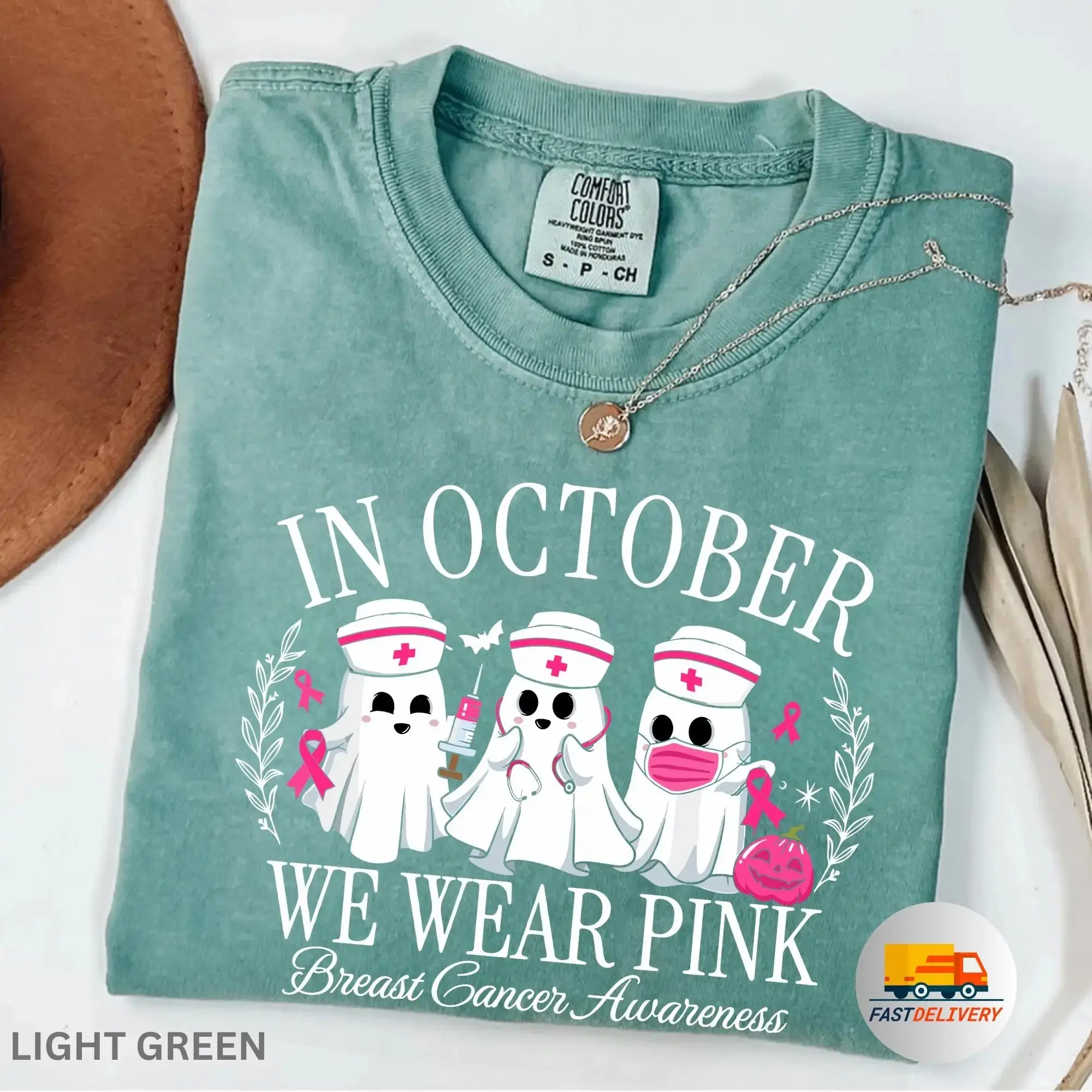Comfort Colors Spooky Nurse Shirt, Cancer Team Crew Halloween Gift, October Pink Support Awareness Tee - photo 2