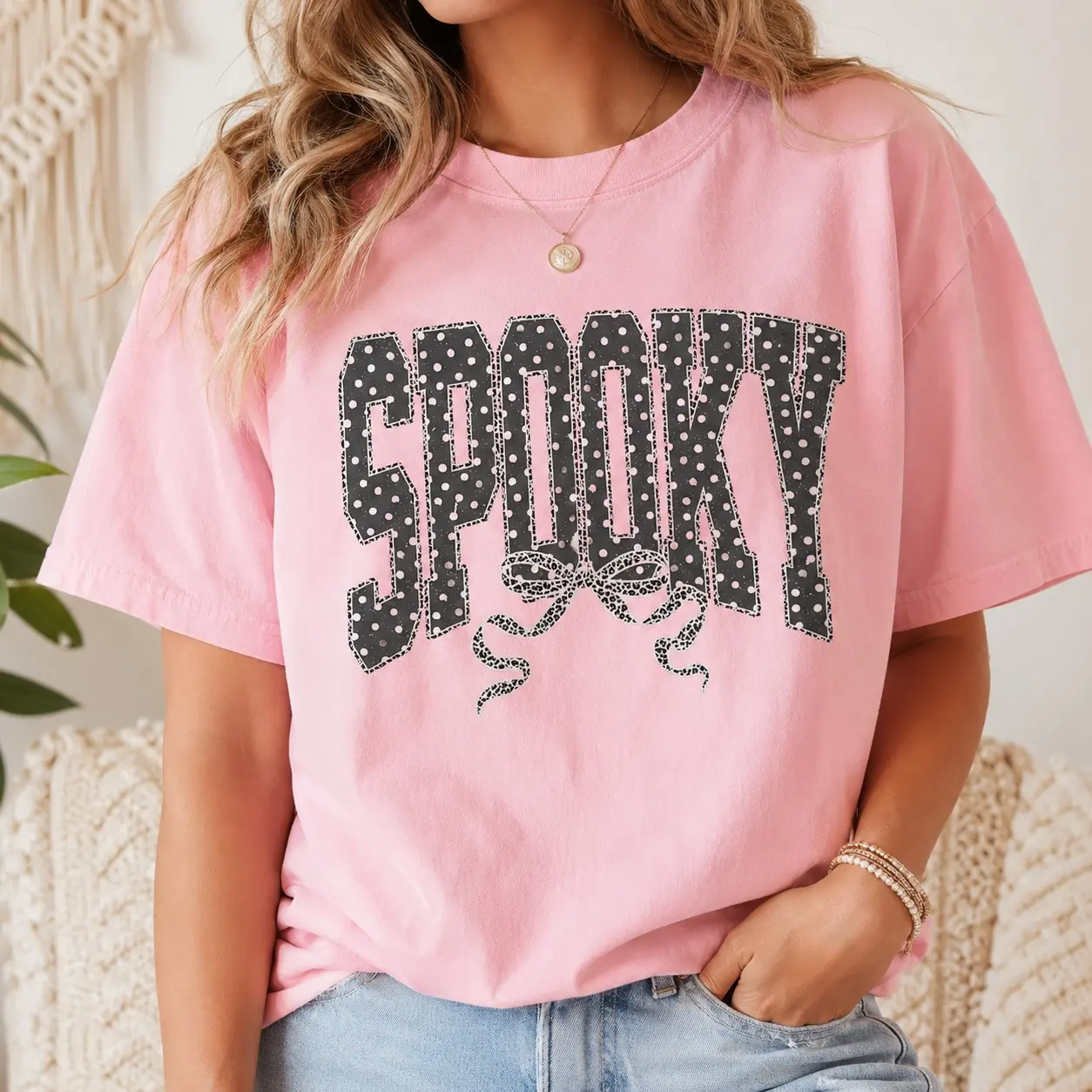 Comfort Colors Spooky Polka Dot Letters Bow Shirt, Teens Vintage Halloween Gathering Aesthetic Preppy October Gift