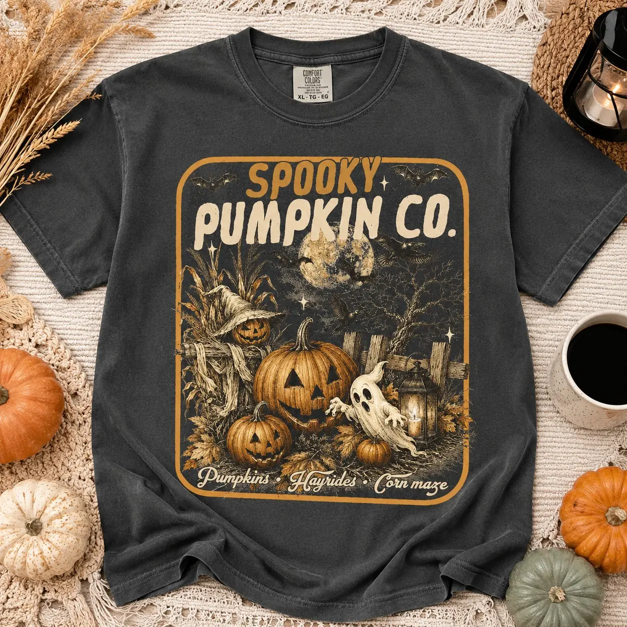 Comfort Colors Spooky Pumpkin Co Hayrides Shirt, Scarecrow Vintage Graphic Tee, Adults Halloween Festival Top