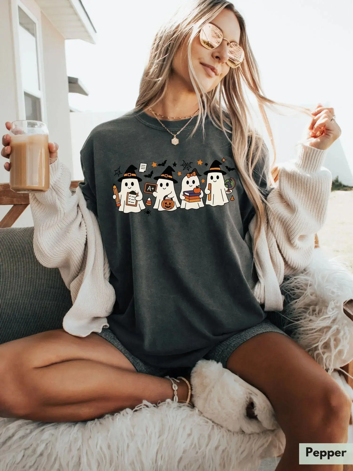 Comfort Colors Spooky Raccoon Halloween Shirt, Witch Hat Pumpkin Candy Corn Cute Animal Tee for Women - photo 2