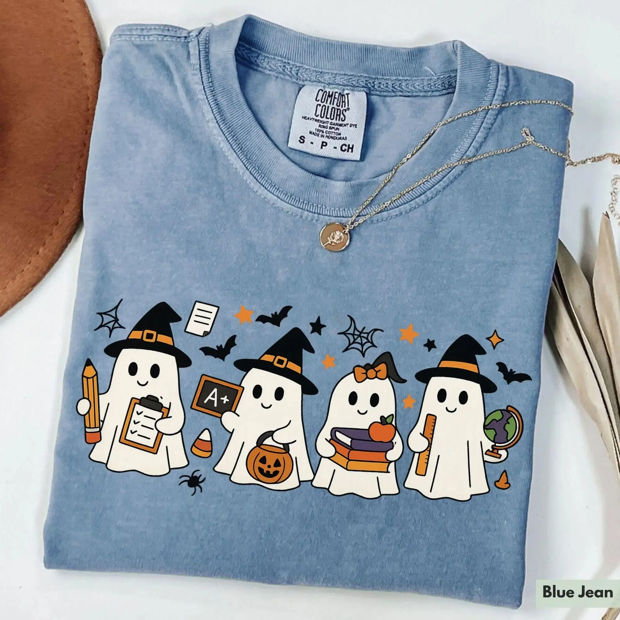 Comfort Colors Spooky Raccoon Halloween Shirt, Witch Hat Pumpkin Candy Corn Cute Animal Tee for Women - photo 4