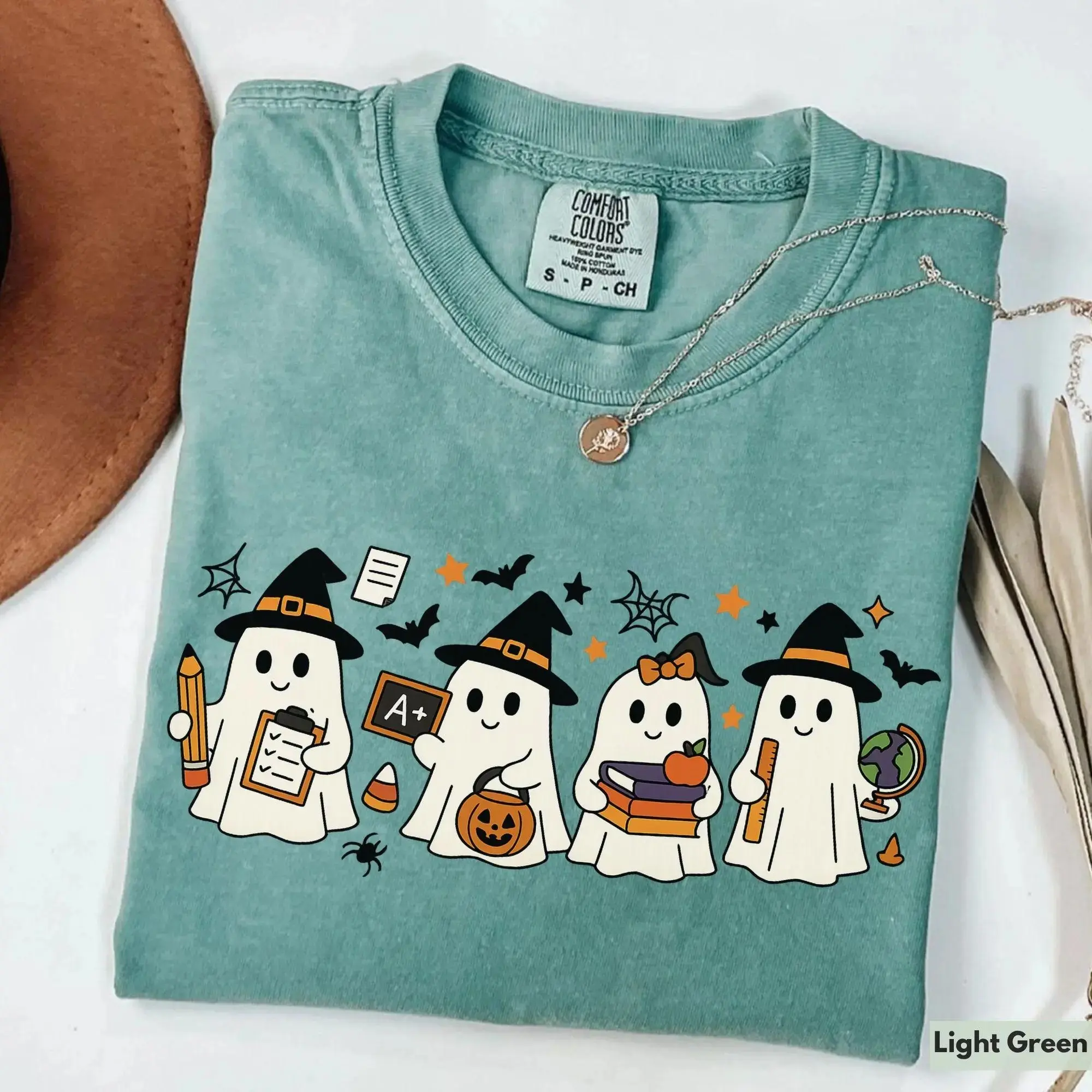 Comfort Colors Spooky Raccoon Halloween Shirt, Witch Hat Pumpkin Candy Corn Cute Animal Tee for Women - photo 5