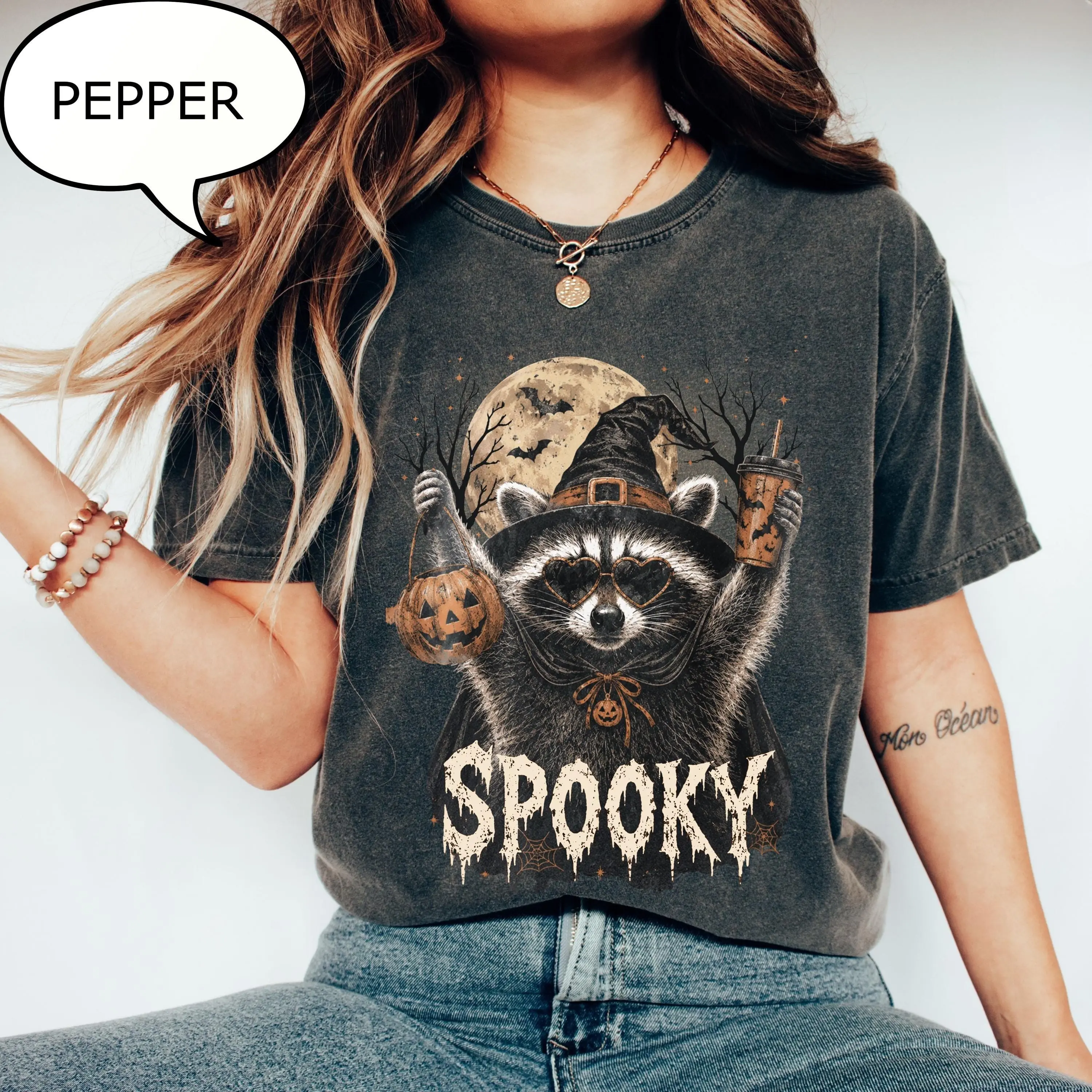 Comfort Colors Spooky Raccoon T-Shirt, Halloween Moon Graphic Tee, Pumpkin Season Top