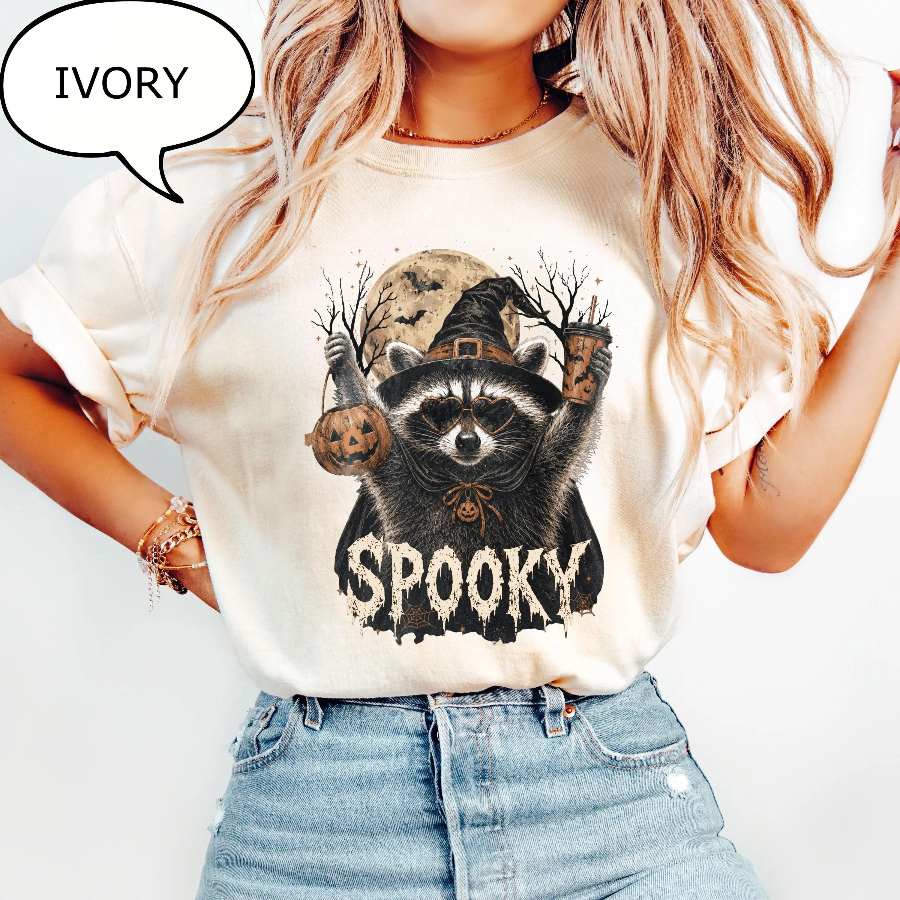 Comfort Colors Spooky Raccoon T-Shirt, Halloween Moon Graphic Tee, Pumpkin Season Top - photo 2