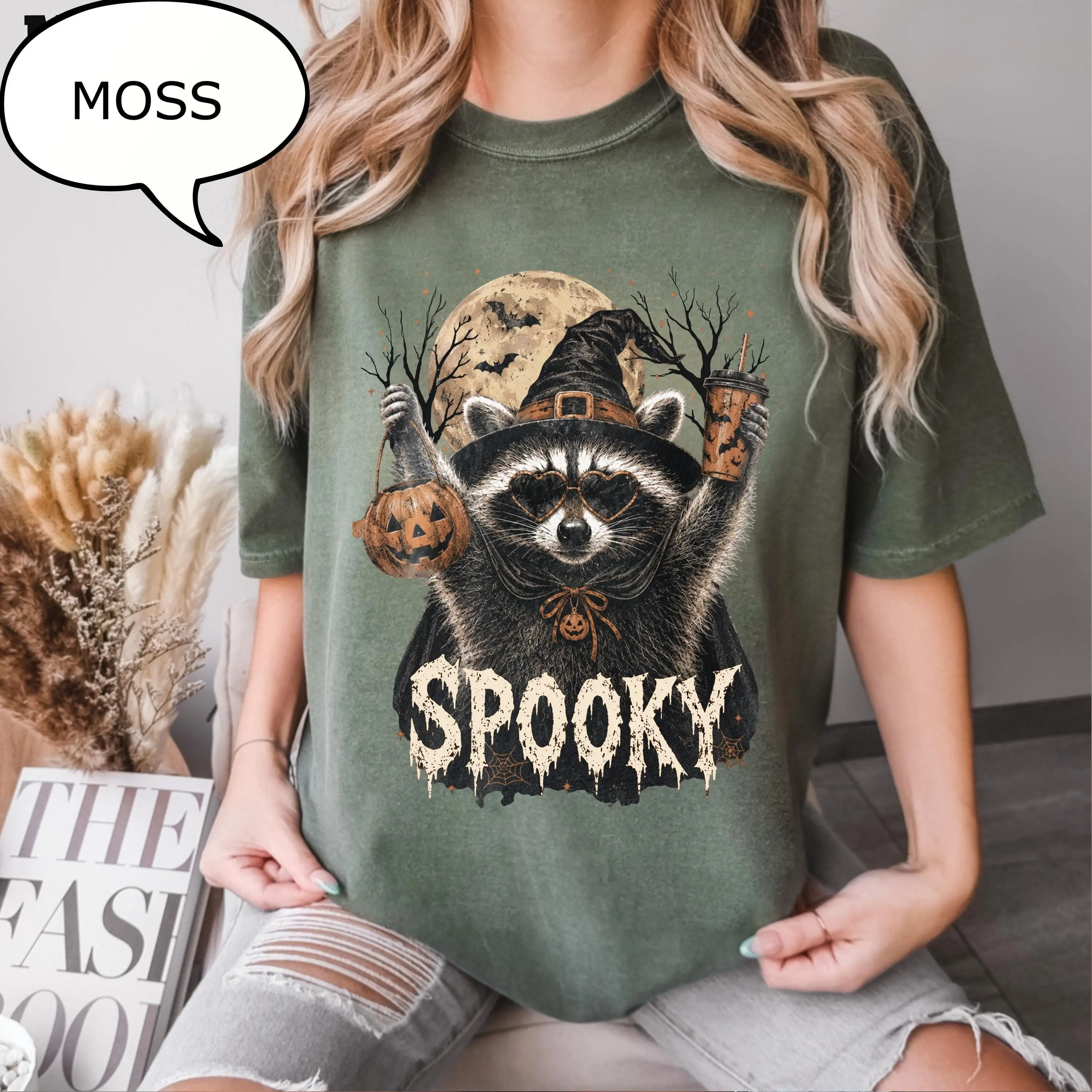 Comfort Colors Spooky Raccoon T-Shirt, Halloween Moon Graphic Tee, Pumpkin Season Top - photo 3