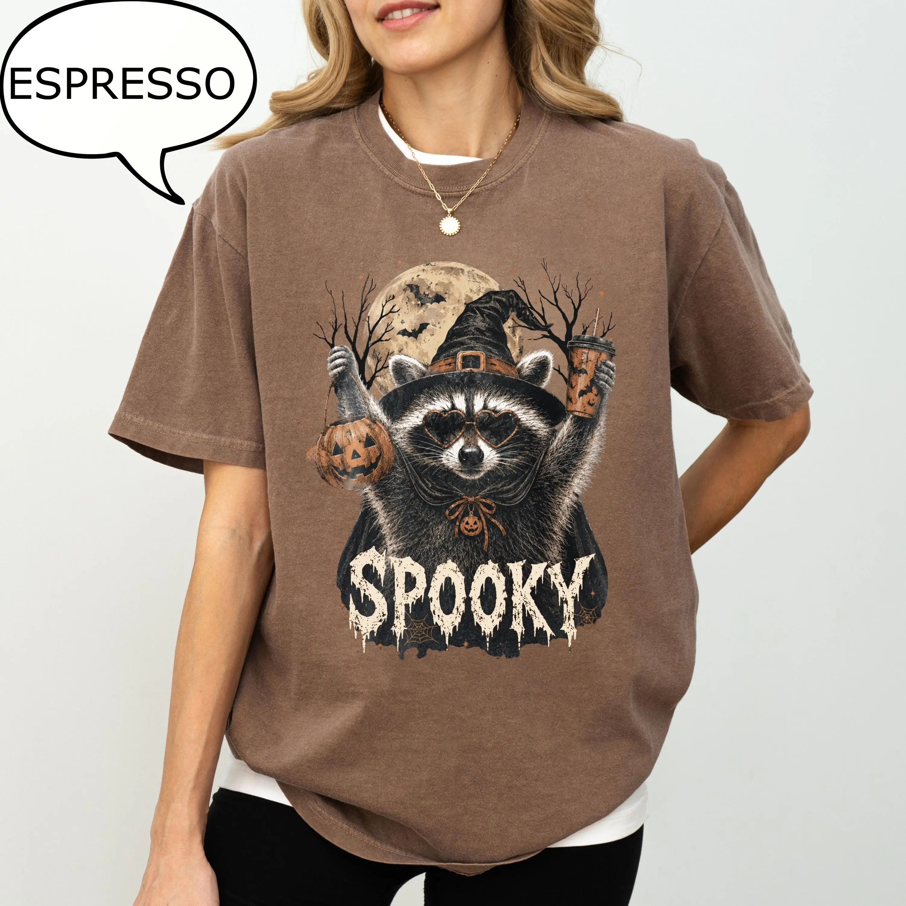 Comfort Colors Spooky Raccoon T-Shirt, Halloween Moon Graphic Tee, Pumpkin Season Top - photo 4