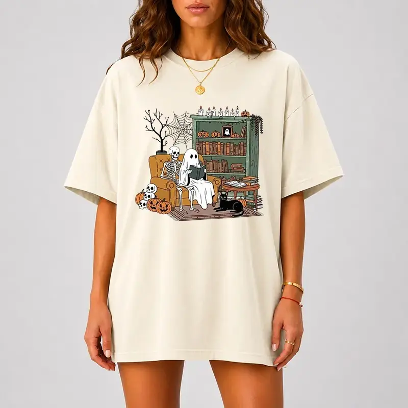 Comfort Colors Spooky Reading Halloween Shirt, Ghost Book Lover Graphic Tee, Cozy Library Fall Autumn Top