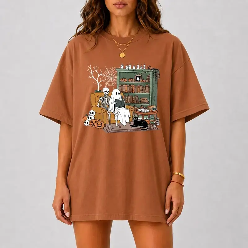Comfort Colors Spooky Reading Halloween Shirt, Ghost Book Lover Graphic Tee, Cozy Library Fall Autumn Top - photo 5