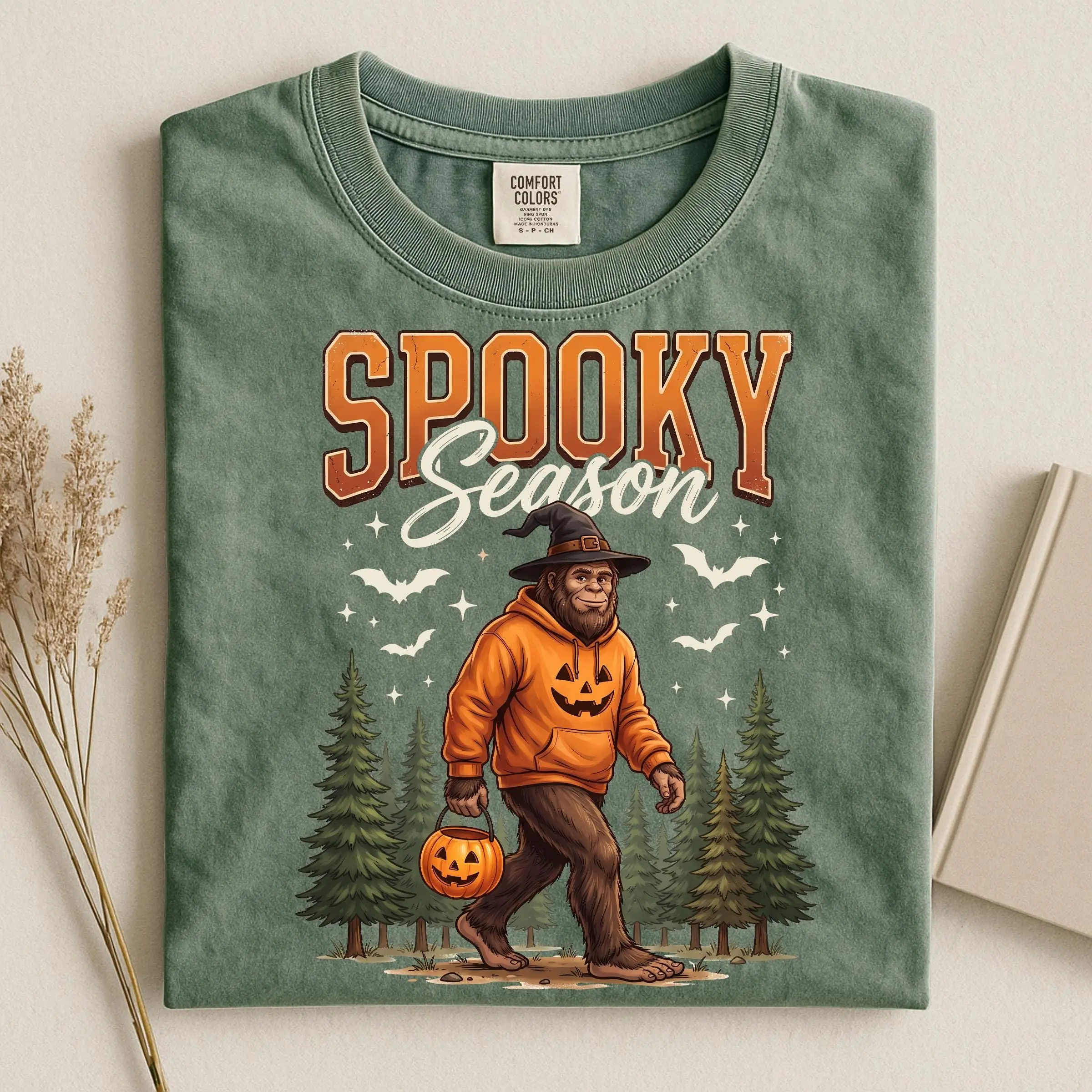 Comfort Colors Spooky Season Bigfoot Shirt, Pumpkin Ghost Graphic Tee, Funny Sasquatch Halloween Fall Camping Gift