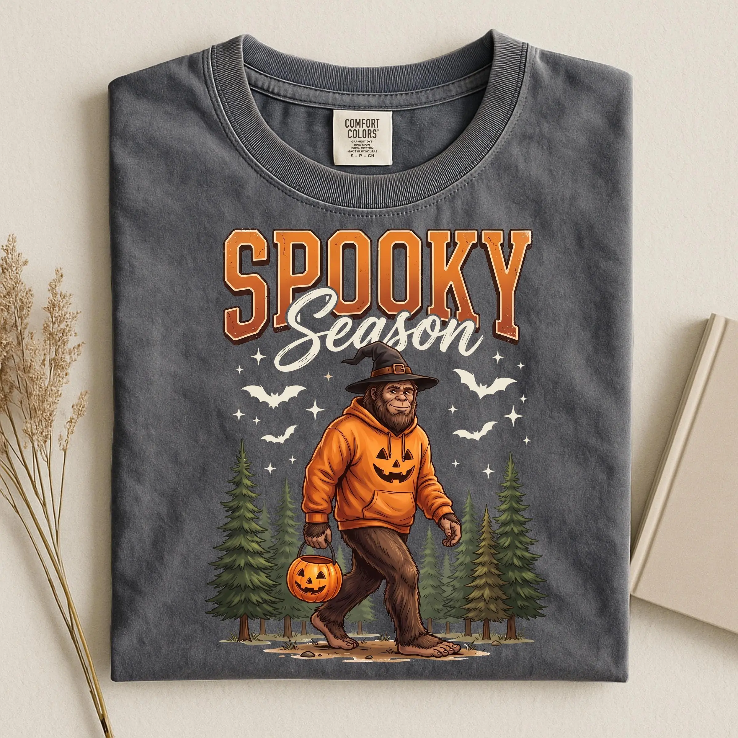 Comfort Colors Spooky Season Bigfoot Sweatshirt, Pumpkin Ghost Graphic Crewneck, Funny Sasquatch Halloween Camping Gift - photo 2