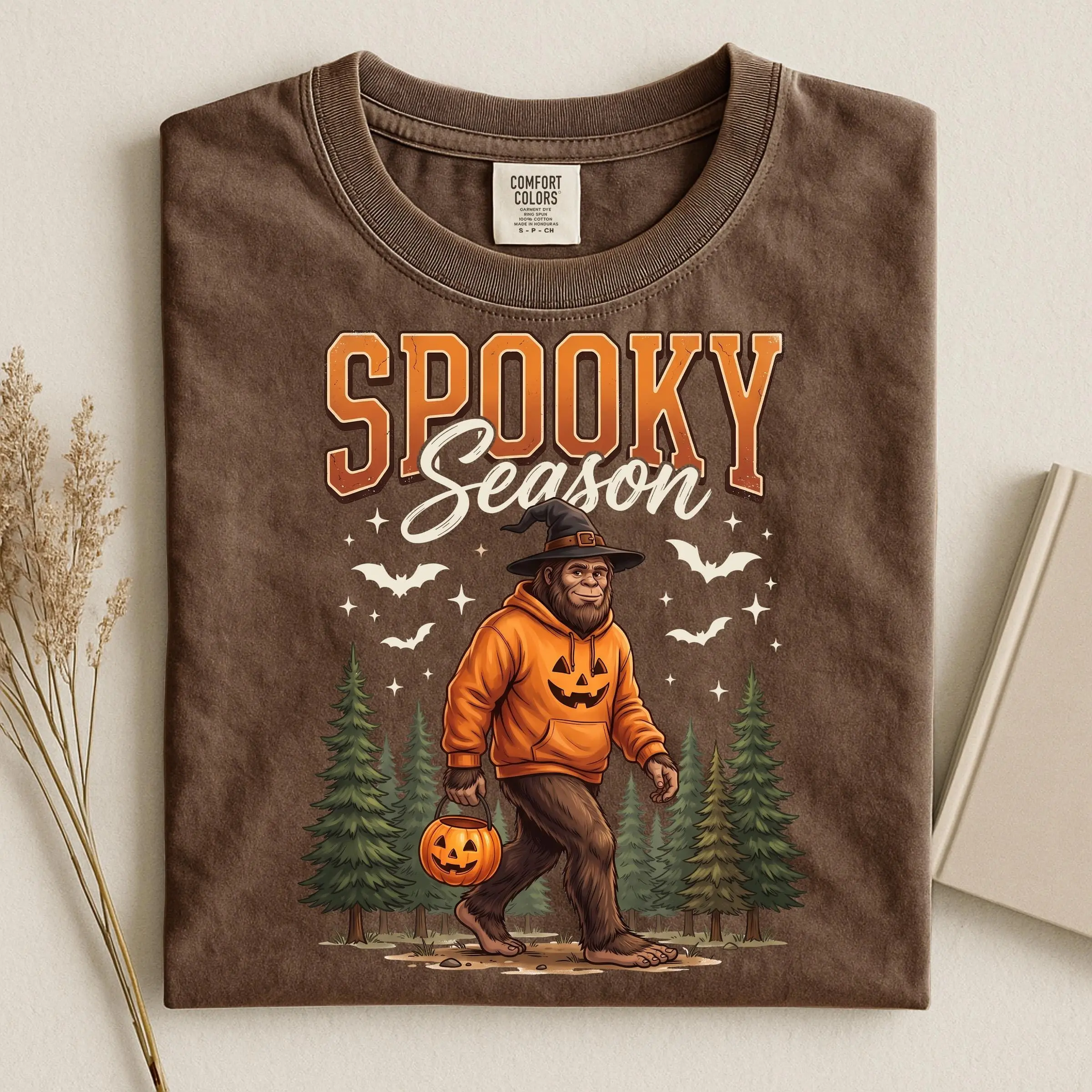 Comfort Colors Spooky Season Bigfoot Sweatshirt, Pumpkin Ghost Graphic Crewneck, Funny Sasquatch Halloween Camping Gift - photo 3