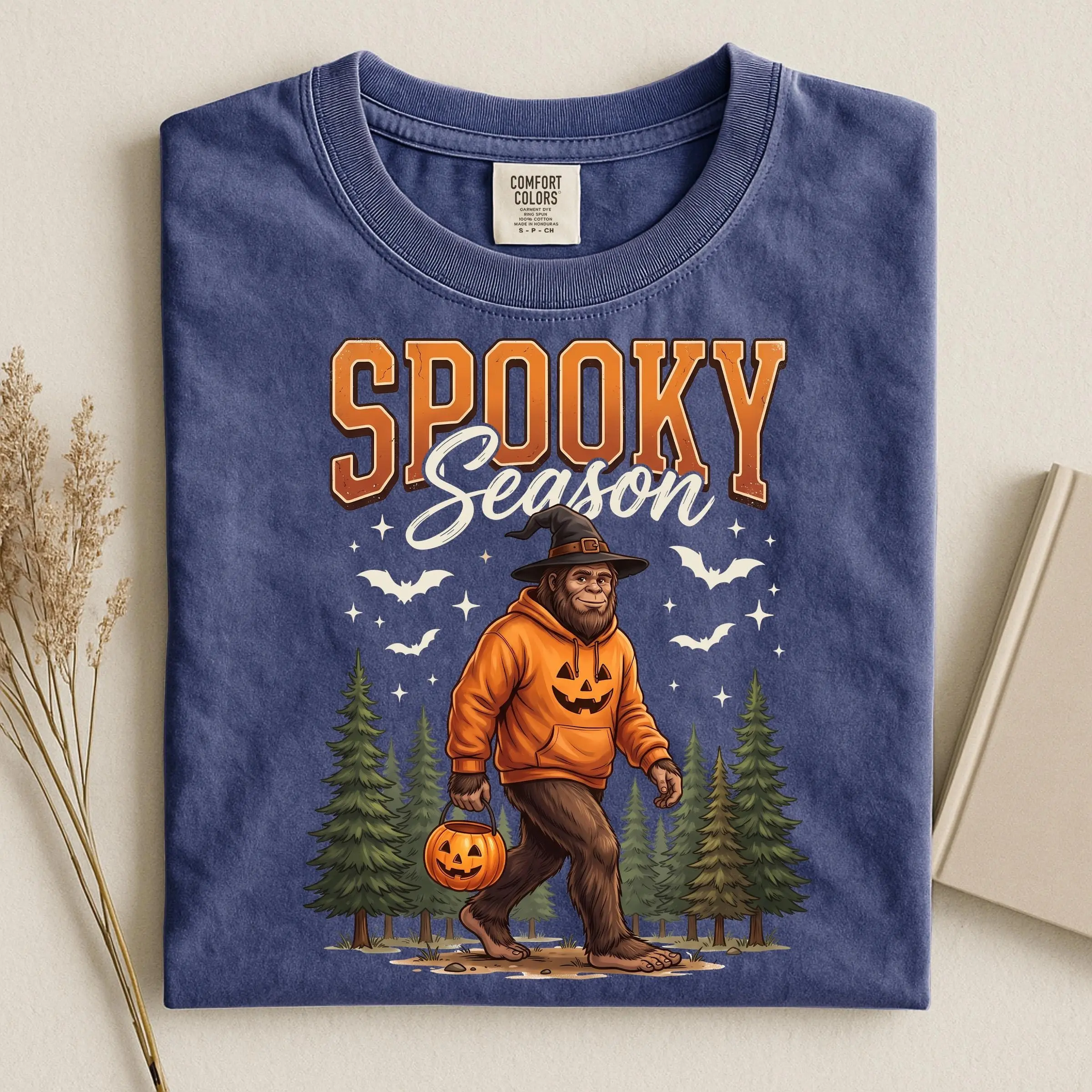 Comfort Colors Spooky Season Bigfoot Sweatshirt, Pumpkin Ghost Graphic Crewneck, Funny Sasquatch Halloween Camping Gift - photo 4