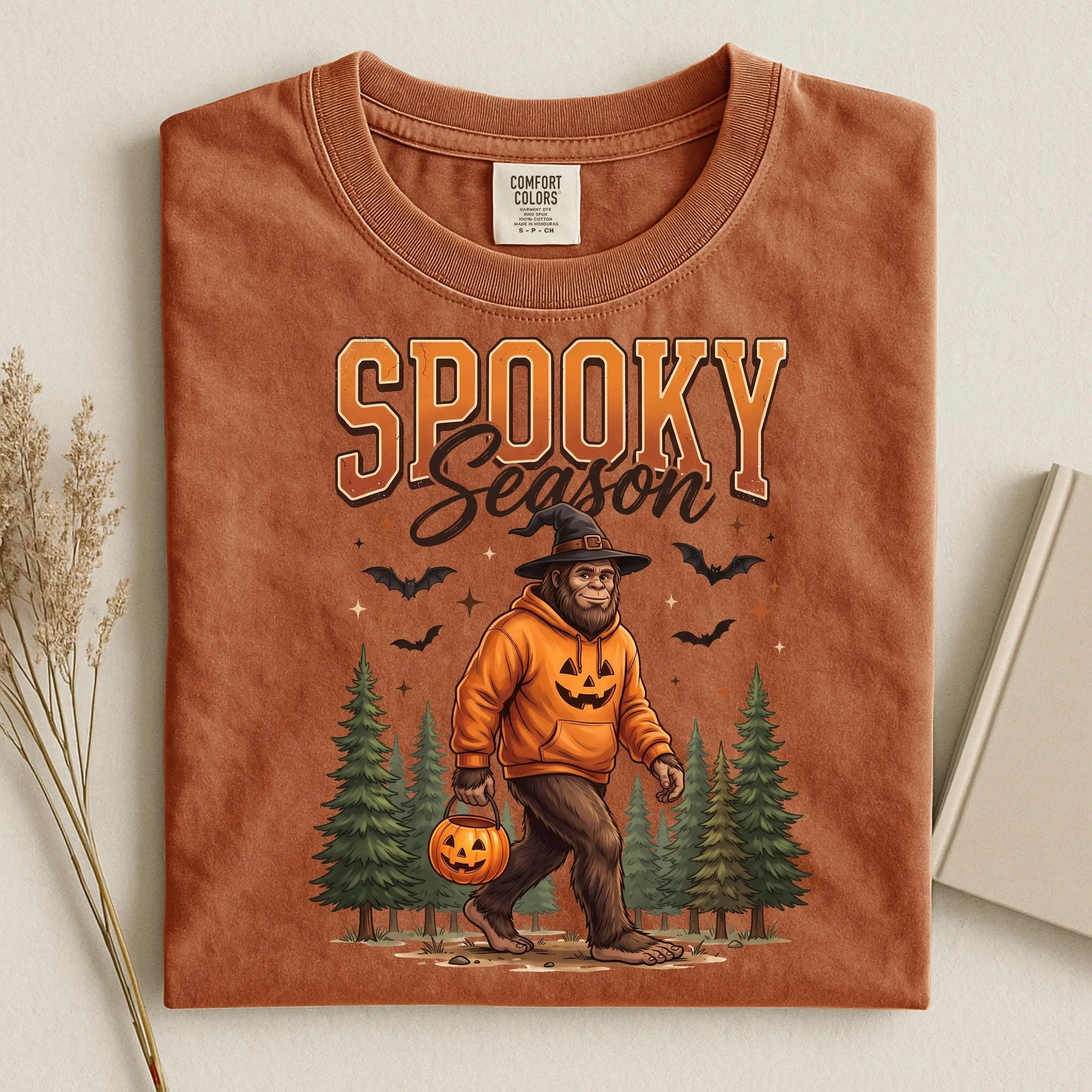 Comfort Colors Spooky Season Bigfoot Sweatshirt, Pumpkin Ghost Graphic Crewneck, Funny Sasquatch Halloween Camping Gift - photo 5