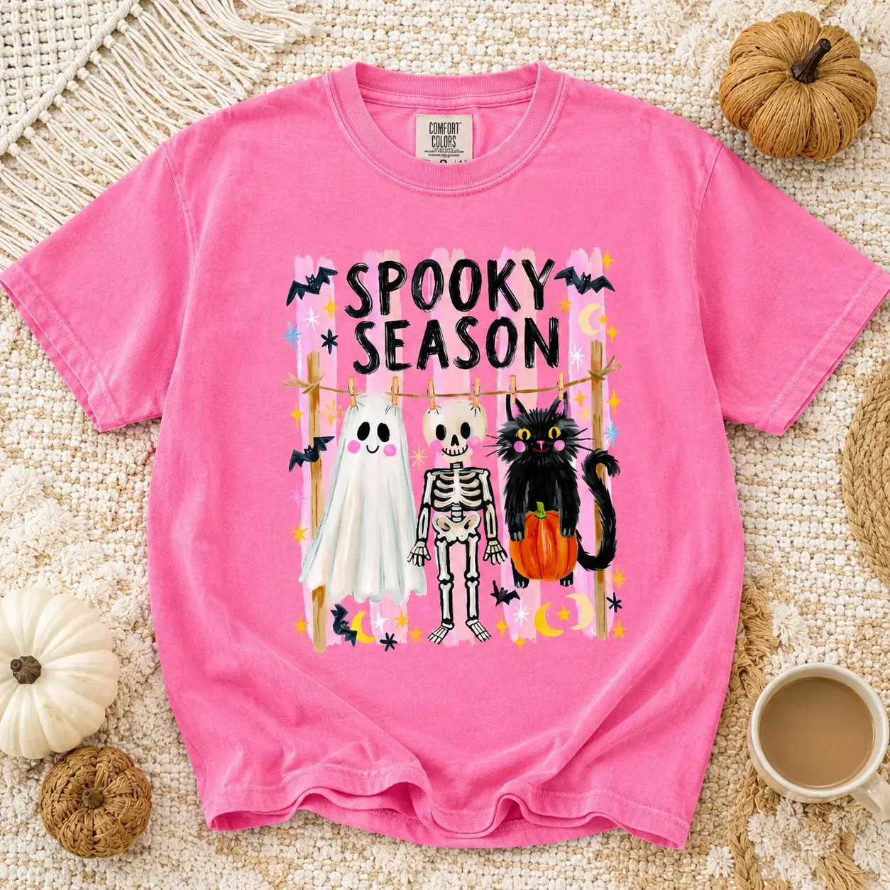 Comfort Colors Clothesline Ghost Skeleton Cat Shirt, Vintage Spooky Season October Tee for Women