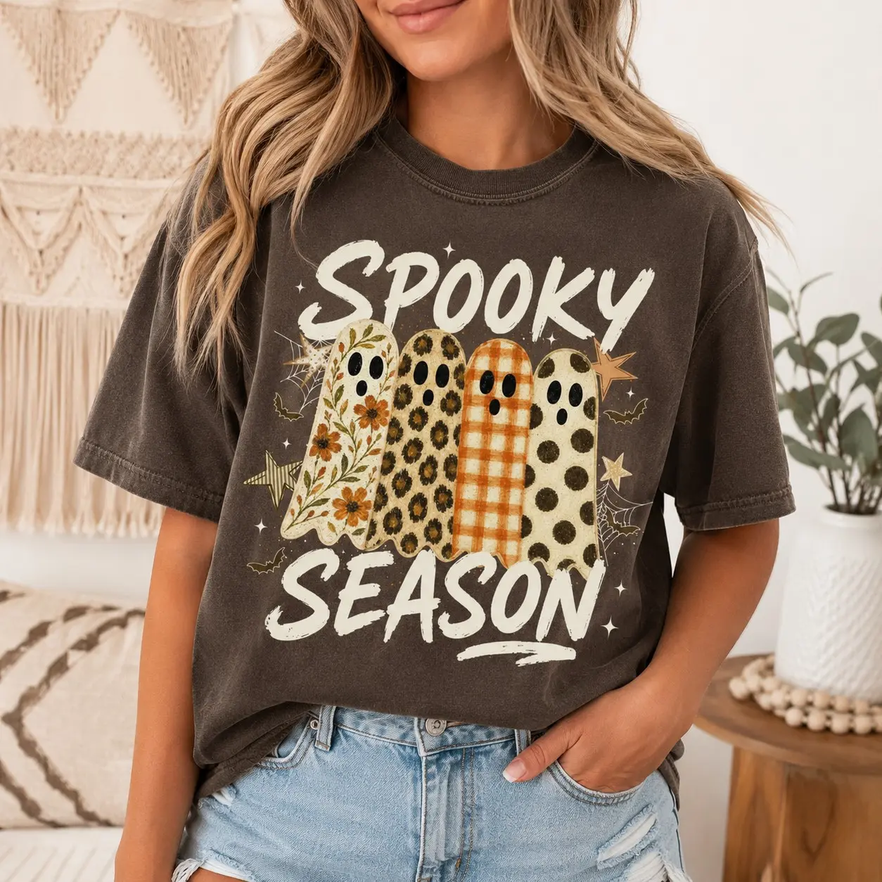 Comfort Colors Cute Patterned Ghosts Shirt, Spooky Season Halloween Graphic Tee for Adults