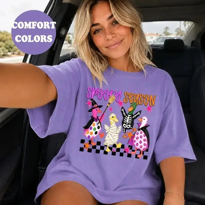 Comfort Colors Spooky Season Duck Shirt, Cute Funny Halloween Ducks Graphic Fall Lover Tee for Women