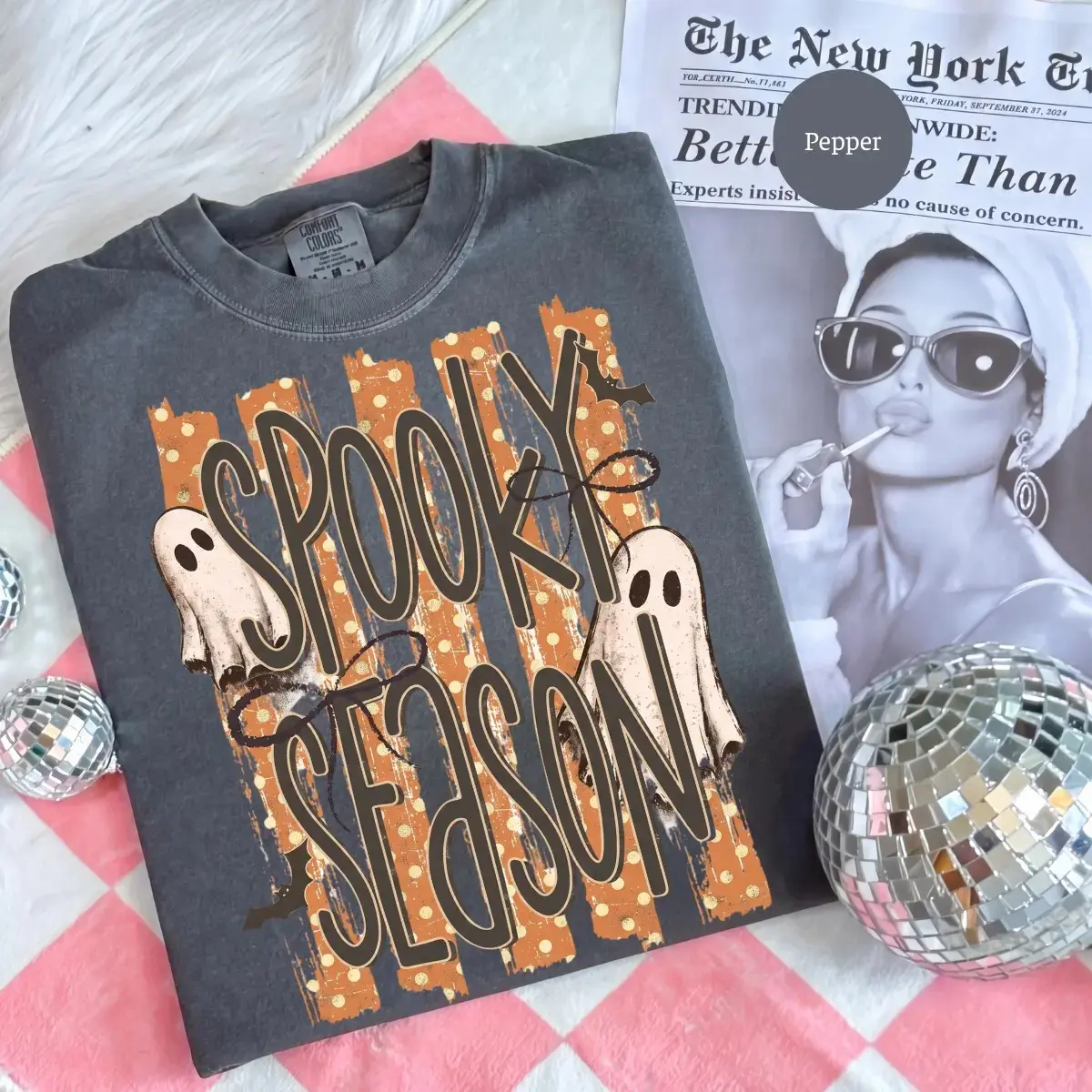 Comfort Colors Spooky Season Ghost Shirt, Striped Cute Retro Preppy Fall Boo Crew Halloween Tee for Women