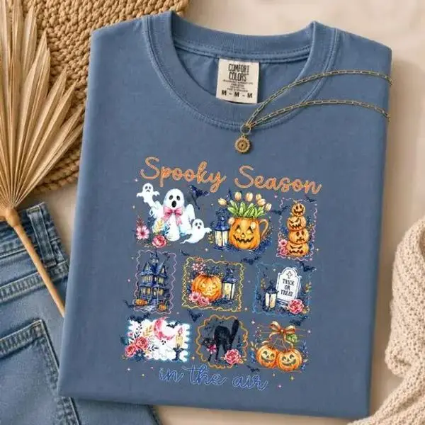 Comfort Colors Spooky Season in the Air Shirt, Cute Ghost Pumpkin Haunted House Fall Halloween Tee