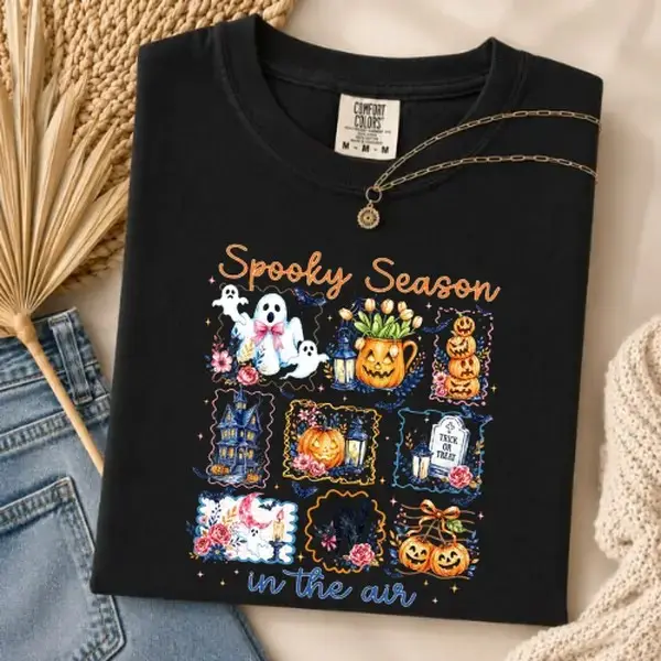 Comfort Colors Spooky Season in the Air Shirt, Cute Ghost Pumpkin Haunted House Fall Halloween Tee - photo 2