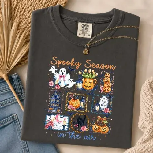 Comfort Colors Spooky Season in the Air Shirt, Cute Ghost Pumpkin Haunted House Fall Halloween Tee - photo 3
