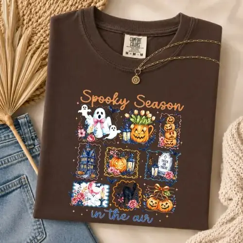 Comfort Colors Spooky Season in the Air Shirt, Cute Ghost Pumpkin Haunted House Fall Halloween Tee - photo 4