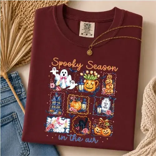 Comfort Colors Spooky Season in the Air Shirt, Cute Ghost Pumpkin Haunted House Fall Halloween Tee - photo 5